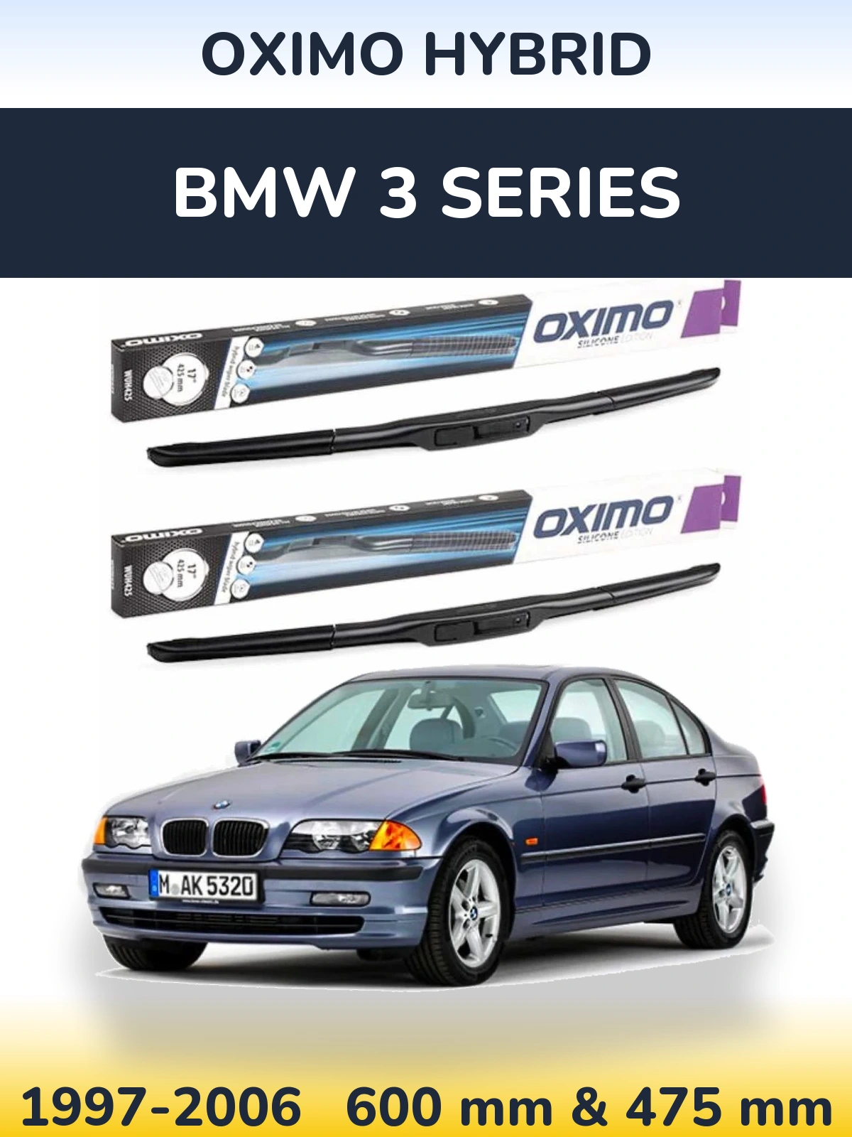 Front wiper blade set Oximo Hybrid 600 & 475 mm for BMW 3 Series 1997-2006