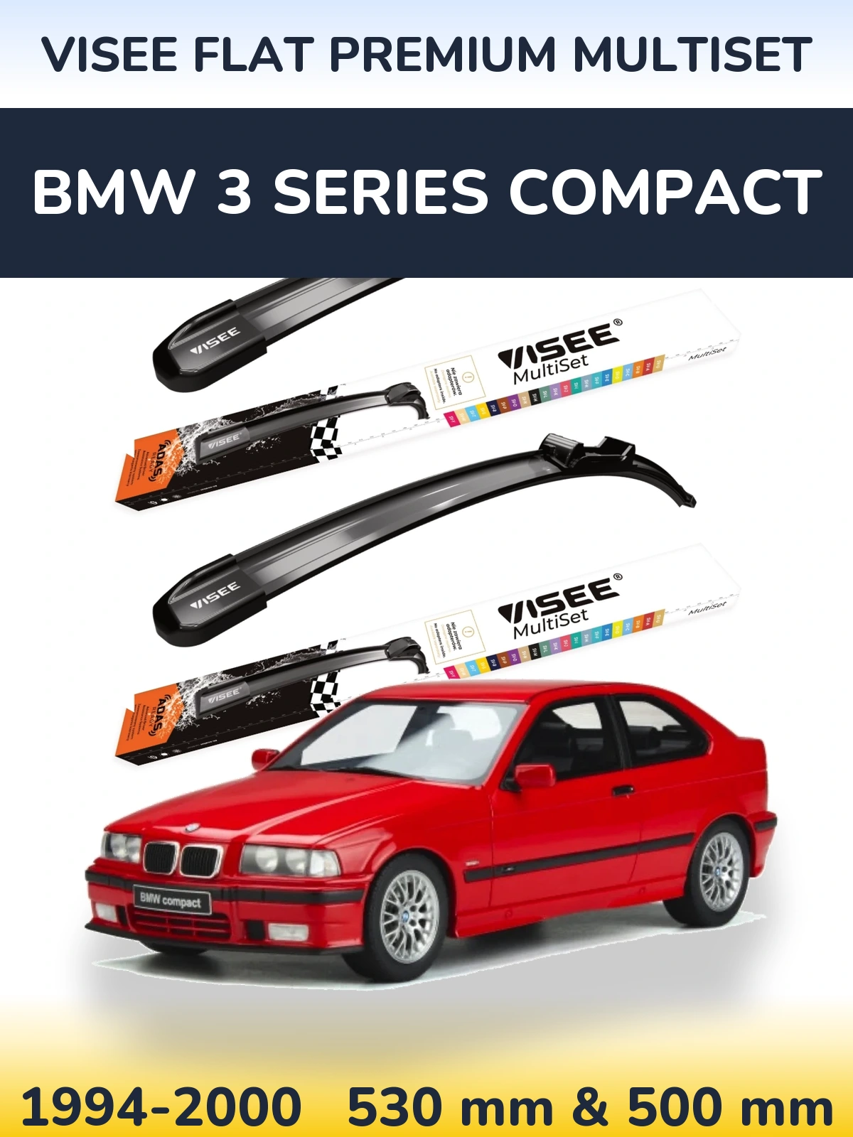 Komplet przednich wycieraczek VISEE FLAT PREMIUM MultiSet 530 & 500 mm do BMW Seria 3 Compact 1994-2000