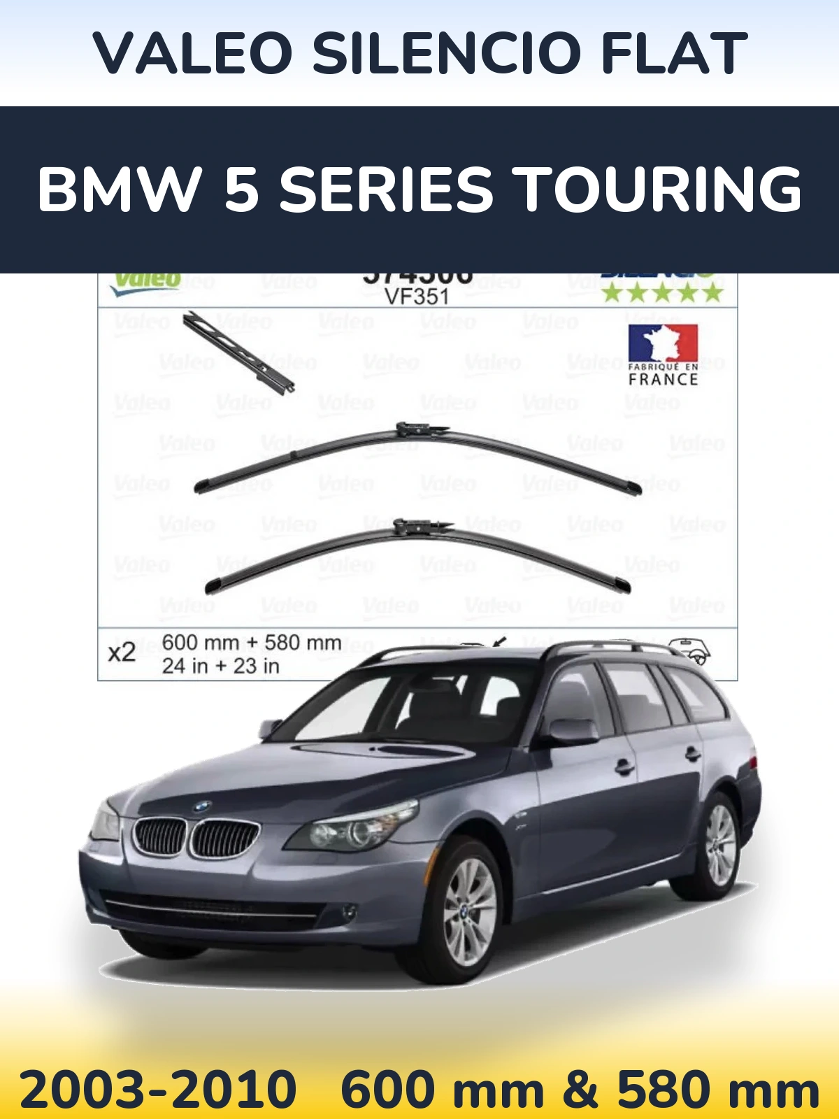 Komplet przednich wycieraczek Valeo Silencio Flat 600 & 580 mm do BMW Seria 5 Touring 2003-2010