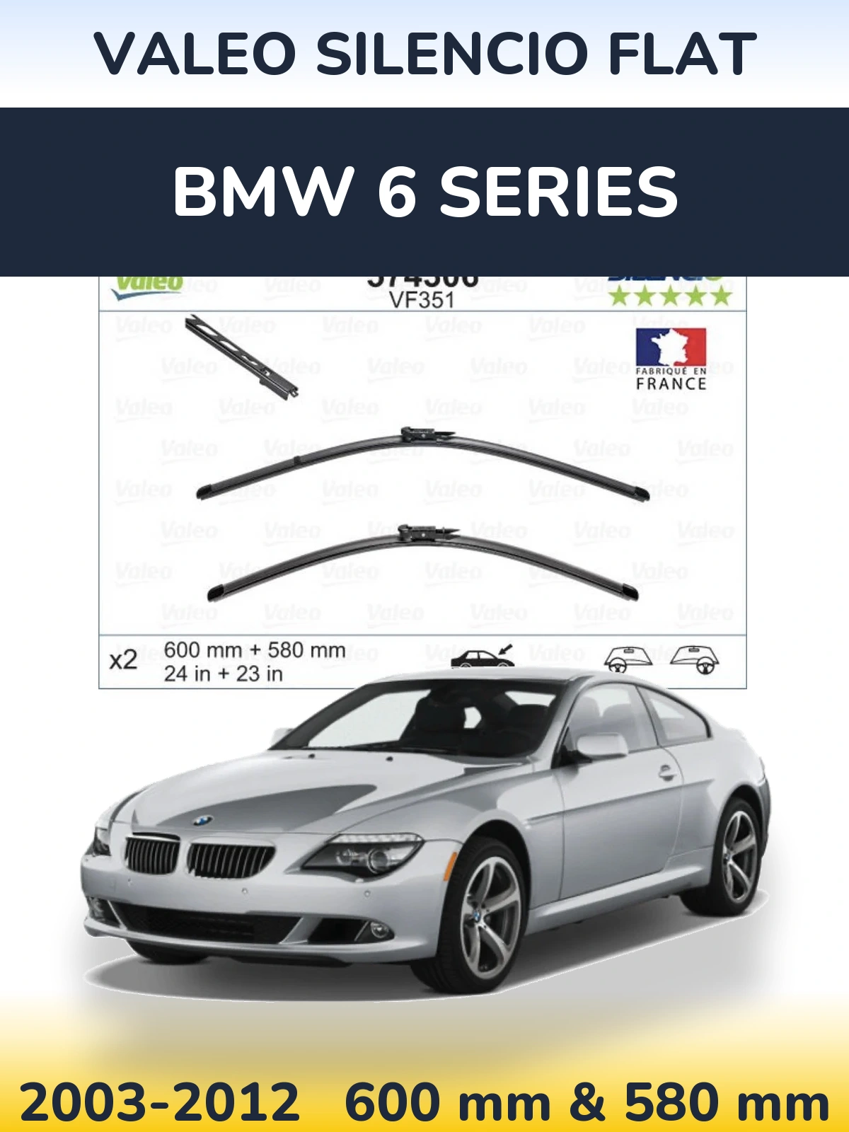 Komplet przednich wycieraczek Valeo Silencio Flat 600 & 580 mm do BMW Seria 6 2003-2012