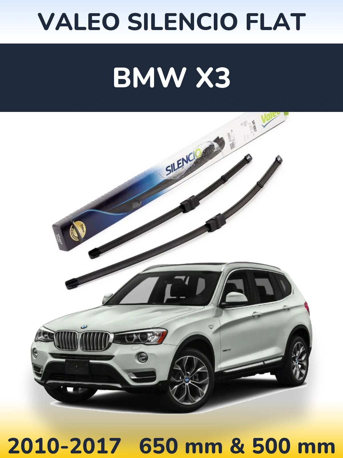 Front wiper blade set Valeo Silencio Flat 650 & 500 mm for BMW X3 2010-2017