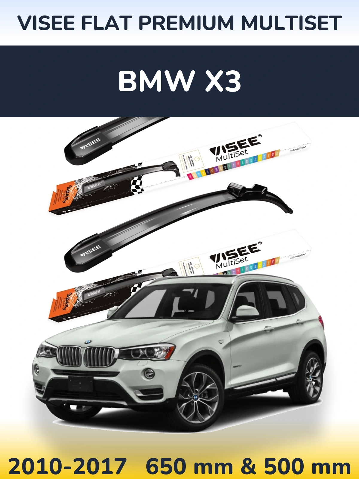 Front wiper blade set VISEE FLAT PREMIUM MultiSet 650 & 500 mm for BMW X3 2010-2017