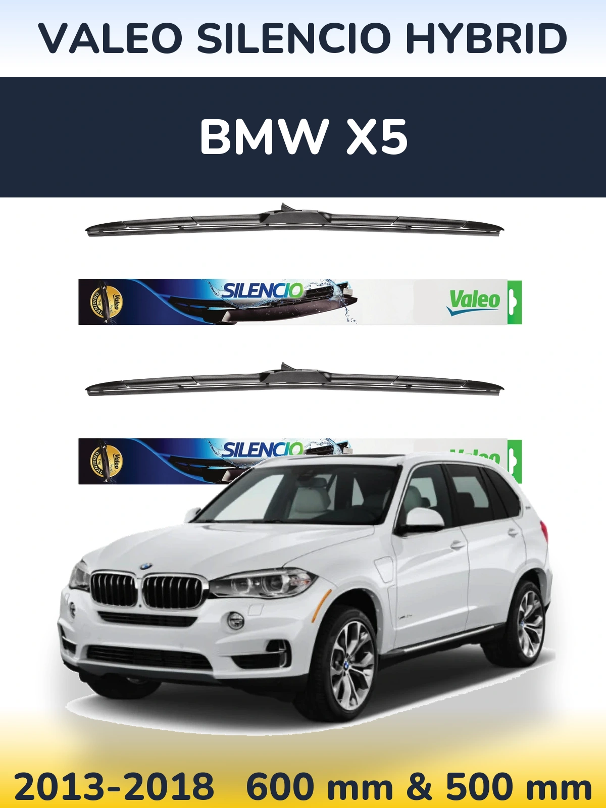 Front wiper blade set Valeo Silencio Hybrid 600 & 500 mm for BMW X5 2013-2018