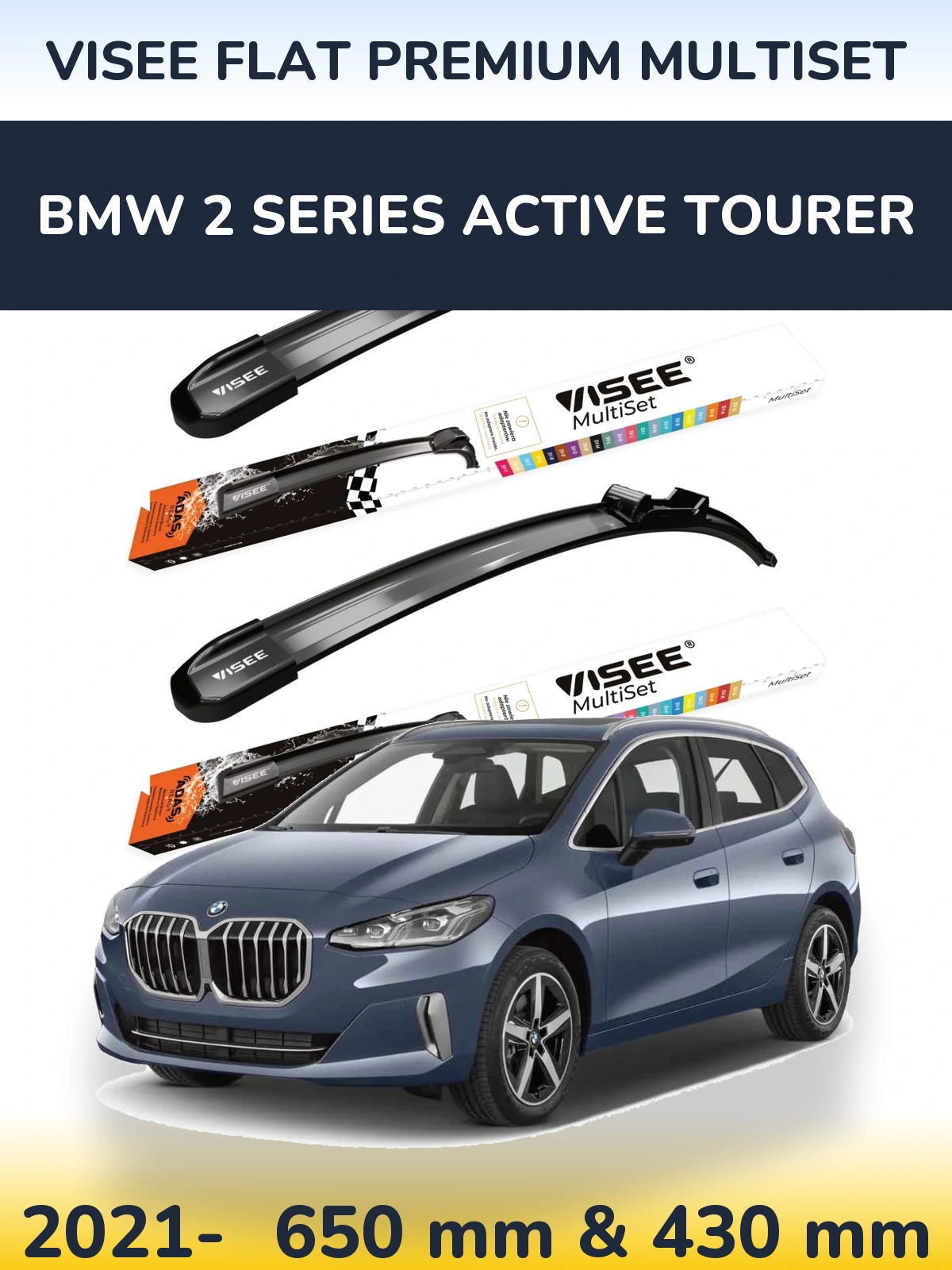 Komplet przednich wycieraczek VISEE FLAT PREMIUM MultiSet 650 & 430 mm do BMW Seria 2 Active Tourer 2021-2026