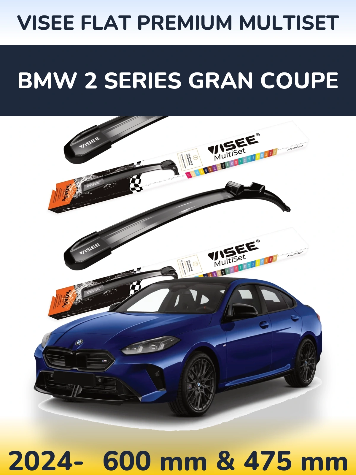 Комплект передних дворников VISEE FLAT PREMIUM MultiSet 600 & 475 мм для BMW 2 Series Gran Coupe 2024-2026