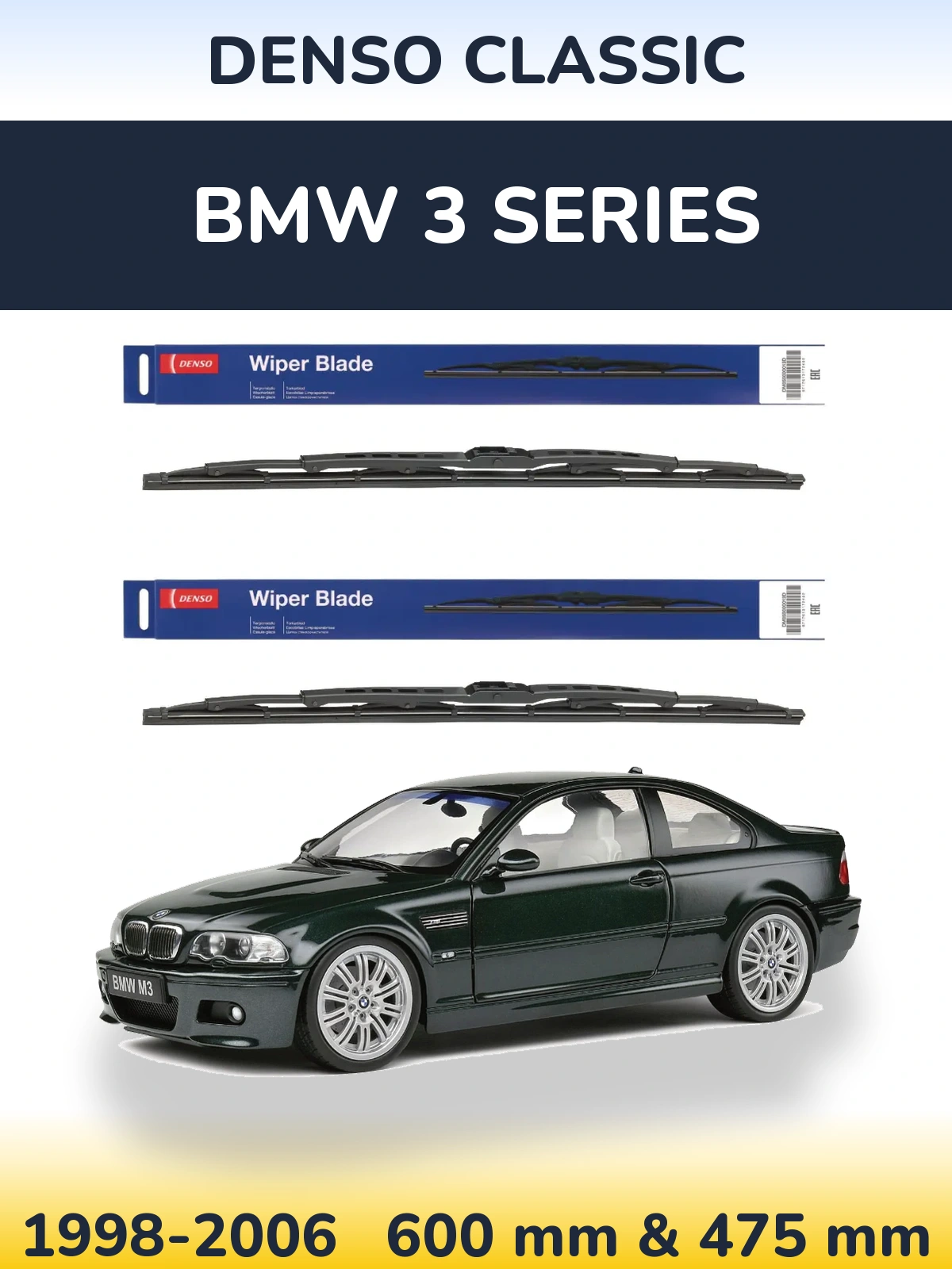 Front wiper blade set Denso Classic 600 & 475 mm for BMW 3 Series 1998-2006