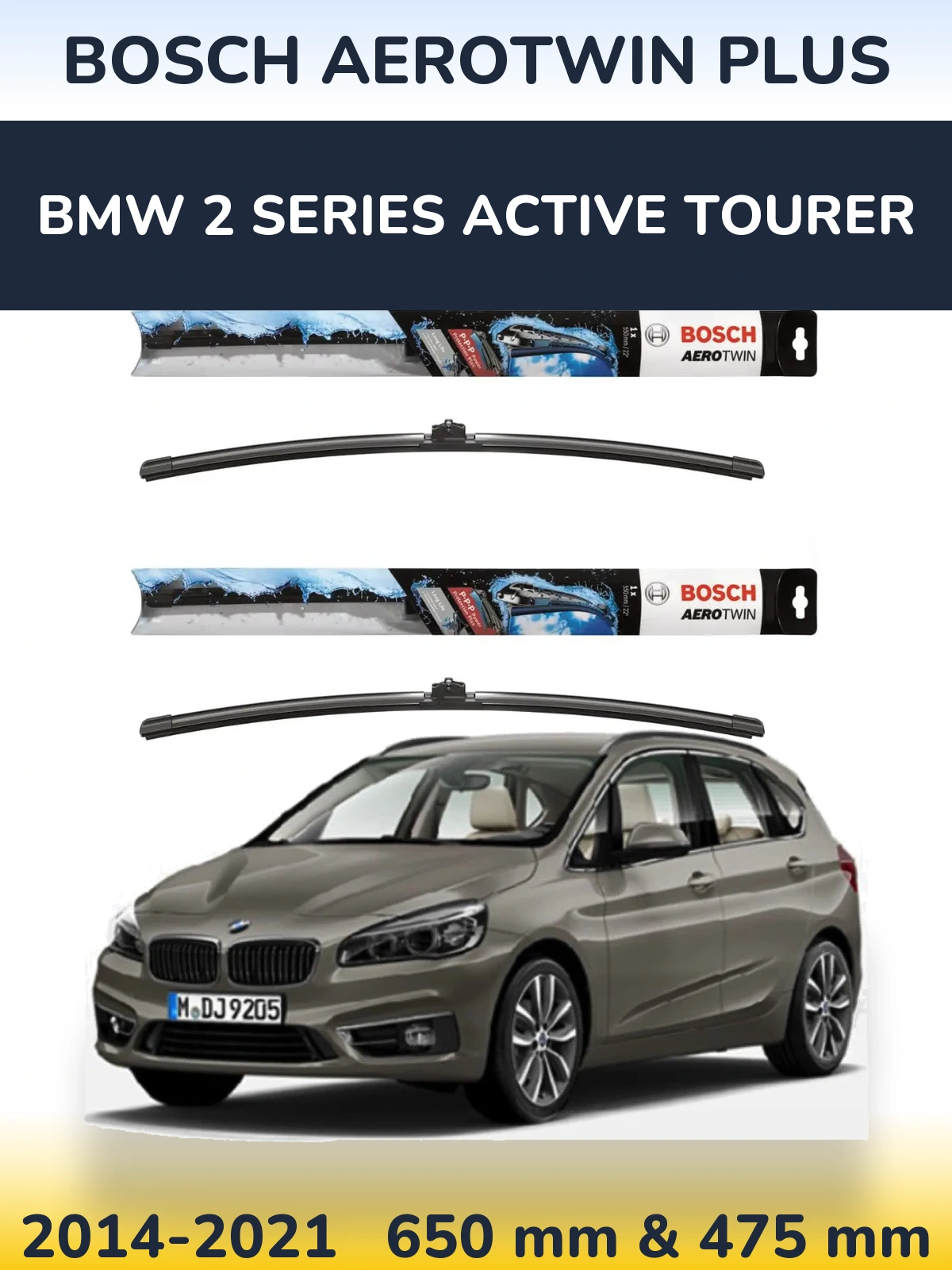 Front wiper blade set BOSCH AeroTwin Plus 650 & 475 mm for BMW 2 Series Active Tourer 2014-2021