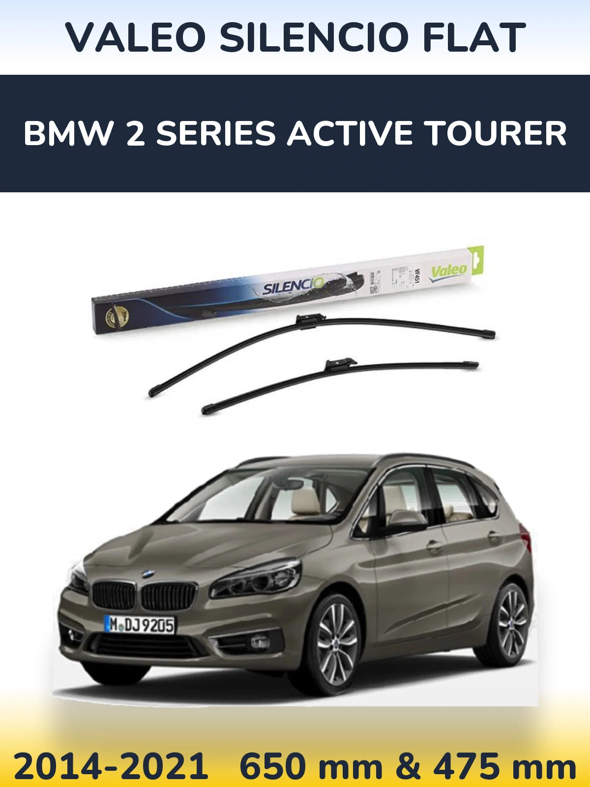 Front wiper blade set Valeo Silencio Flat 650 & 475 mm for BMW 2 Series Active Tourer 2014-2021