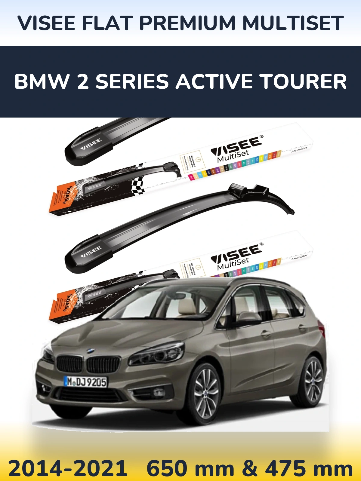 Front wiper blade set VISEE FLAT PREMIUM MultiSet 650 & 475 mm for BMW 2 Series Active Tourer 2014-2021