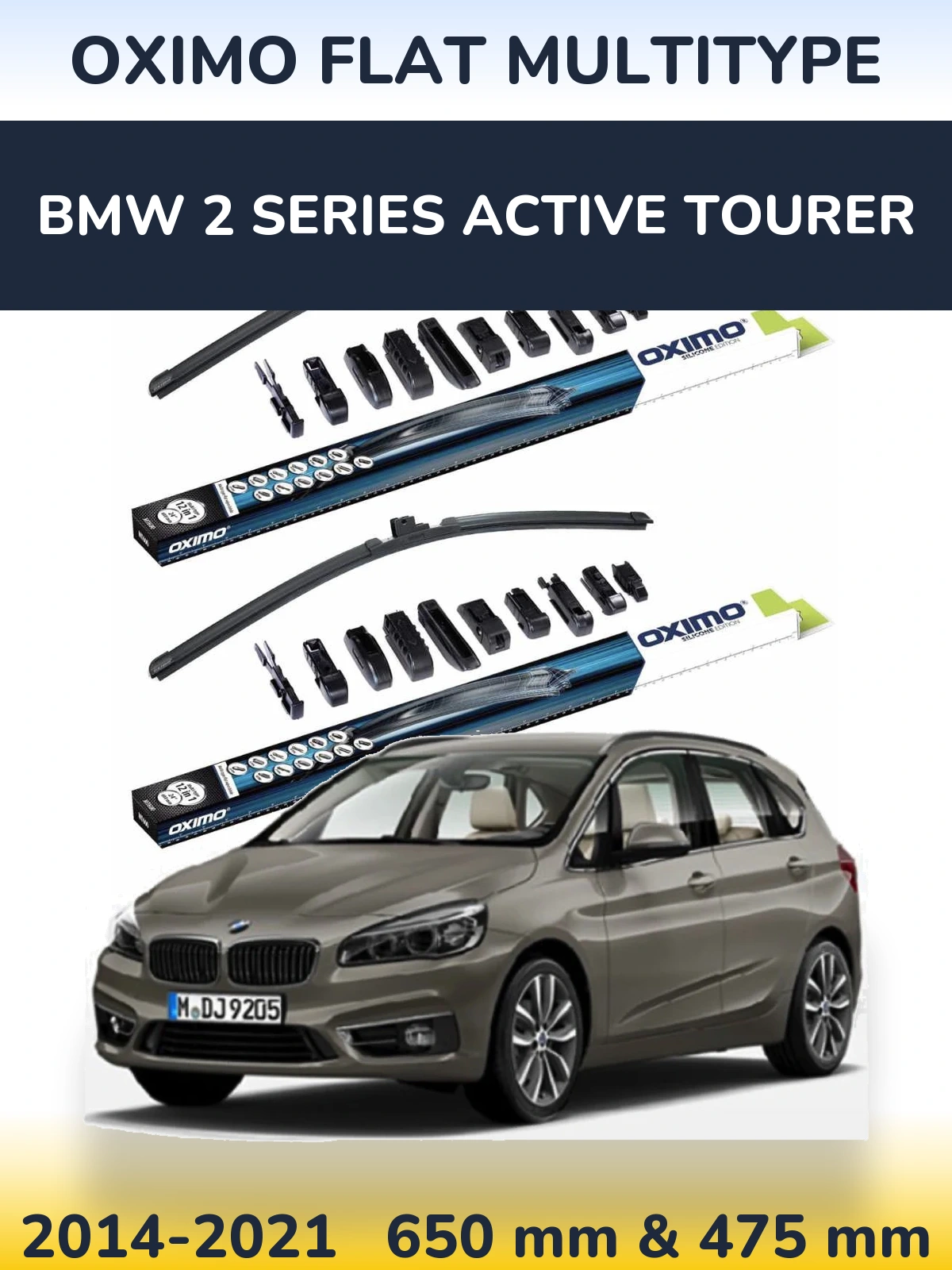 Front wiper blade set Oximo Flat MultiTypee 650 & 475 mm for BMW 2 Series Active Tourer 2014-2021