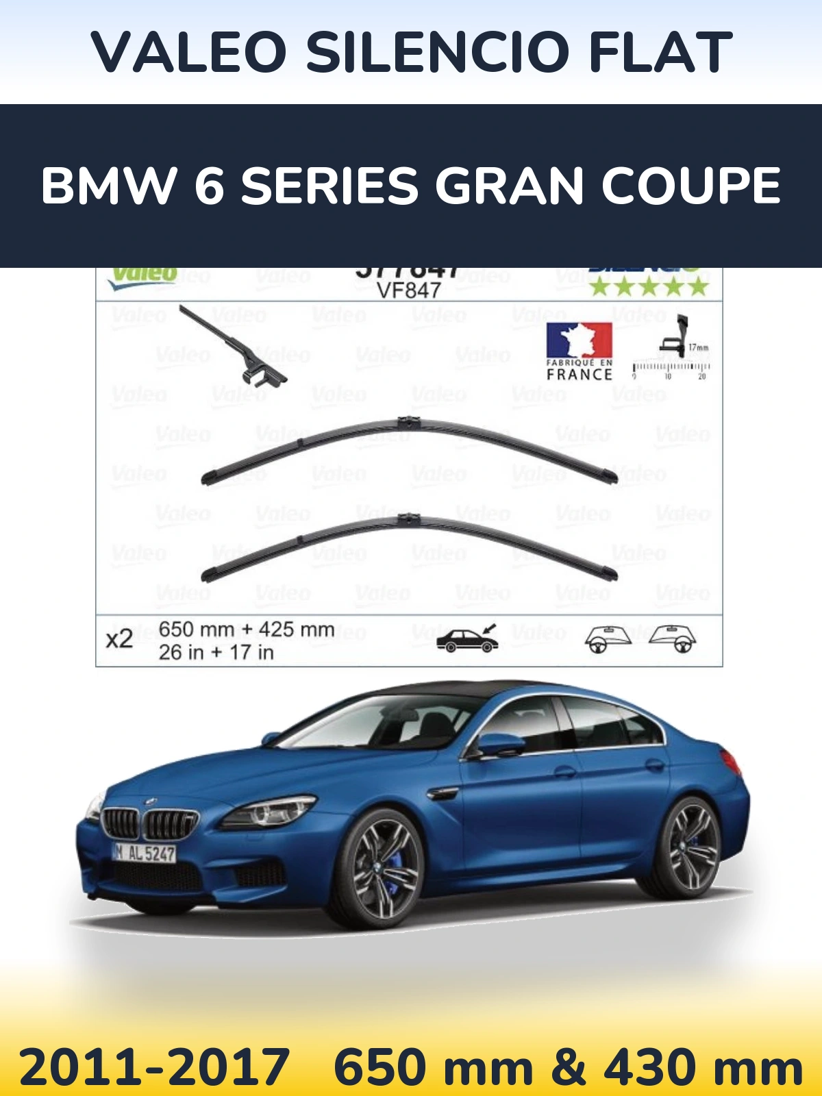 Komplet przednich wycieraczek Valeo Silencio Flat 650 & 430 mm do BMW Seria 6 Gran Coupe 2011-2017