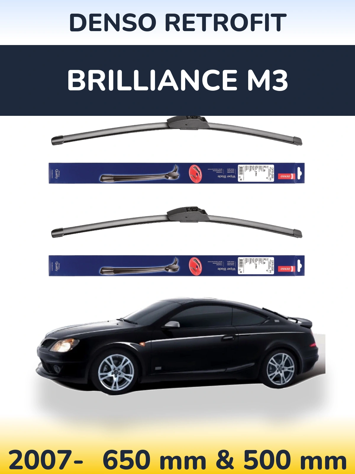Front wiper blade set Denso Retrofit 650 & 500 mm for Brilliance M3 2007-2026