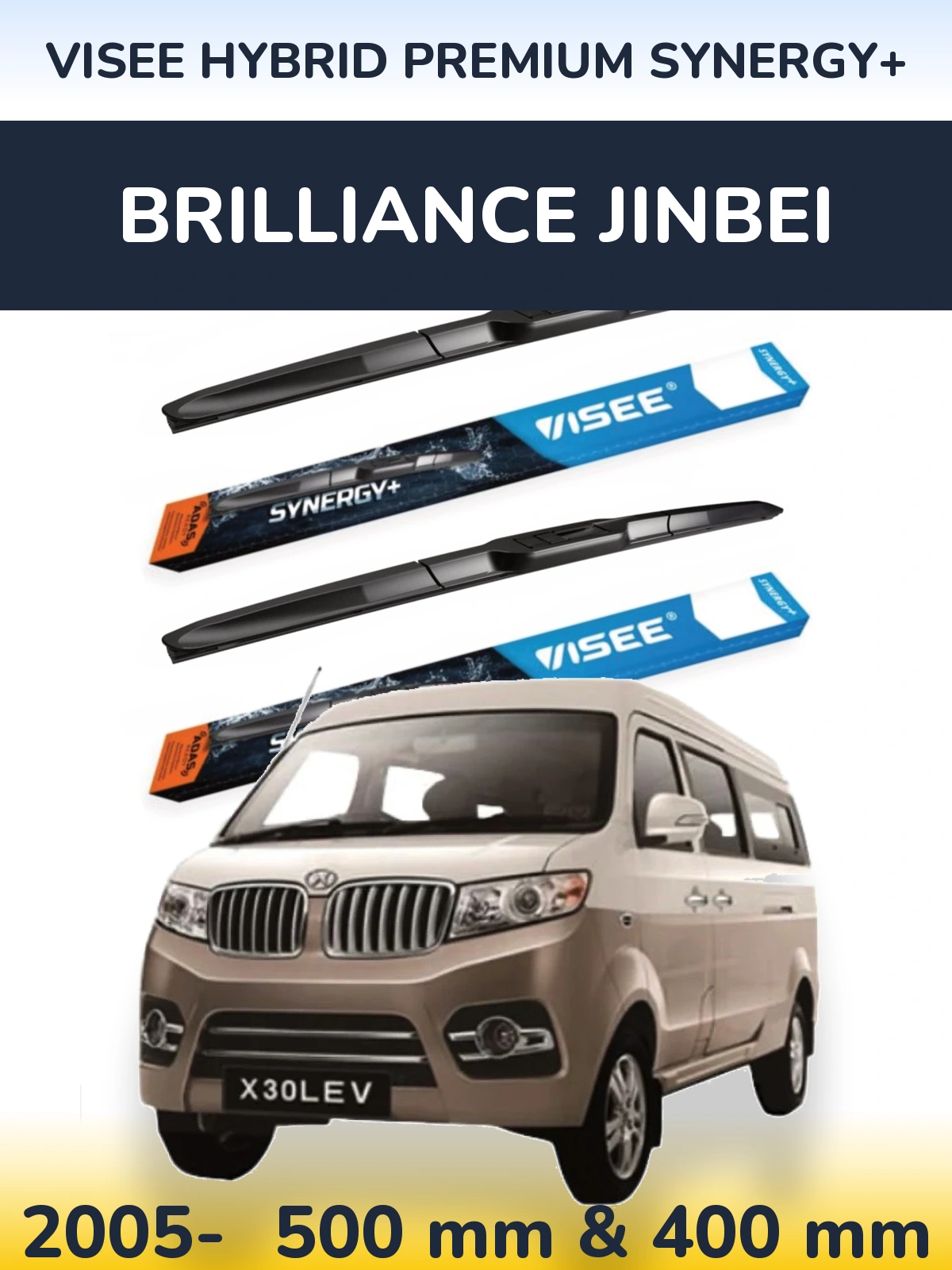Front wiper blade set VISEE HYBRID PREMIUM SYNERGY+ 500 & 400 mm for Brilliance Jinbei 2005-2026