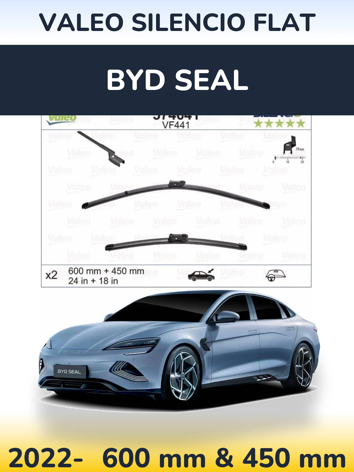Front wiper blade set Valeo Silencio Flat 600 & 450 mm for BYD Seal 2022-2026