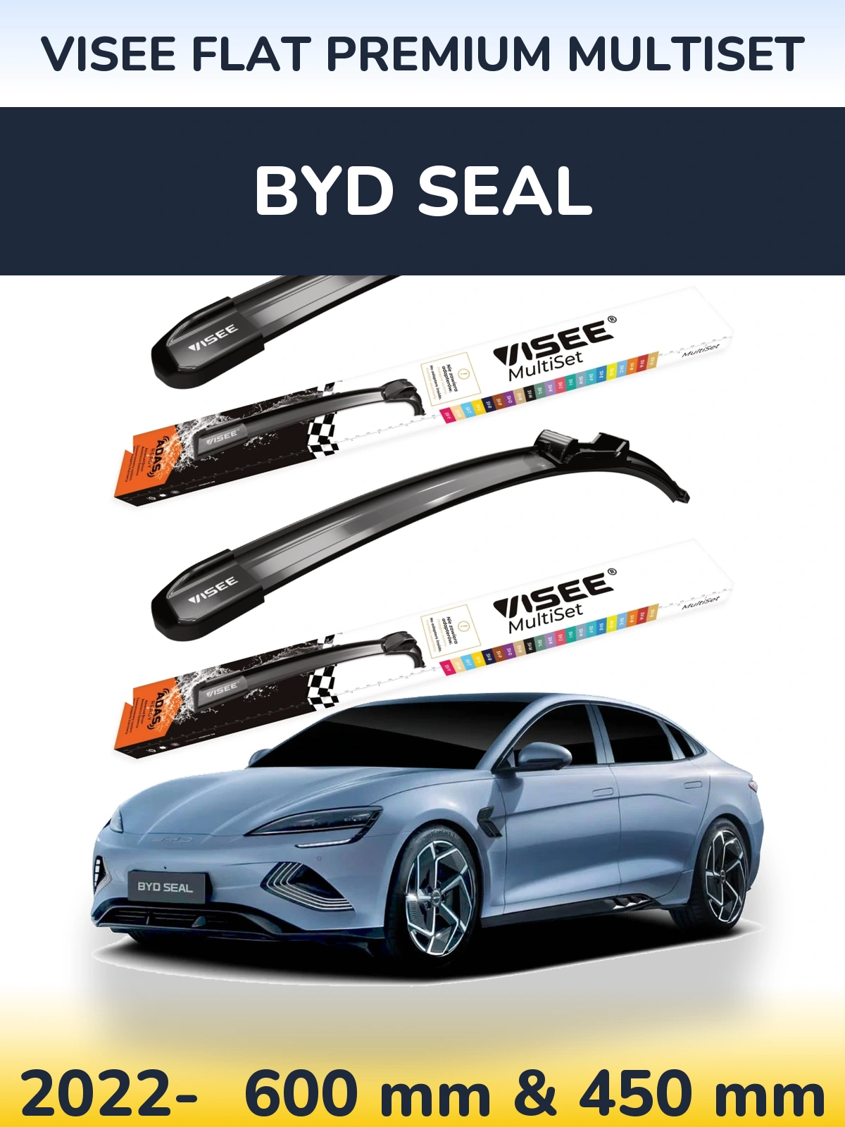 Komplet przednich wycieraczek VISEE FLAT PREMIUM MultiSet 600 & 450 mm do BYD Seal 2022-2026