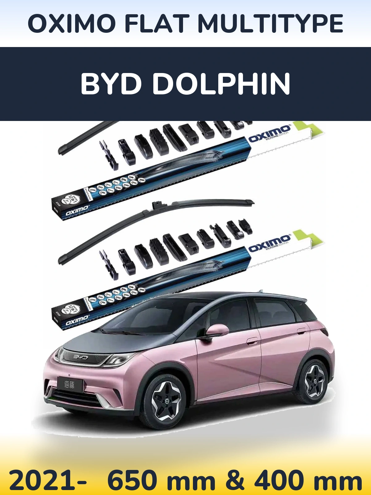 Front wiper blade set Oximo Flat MultiTypee 650 & 400 mm for BYD Dolphin 2021-2026