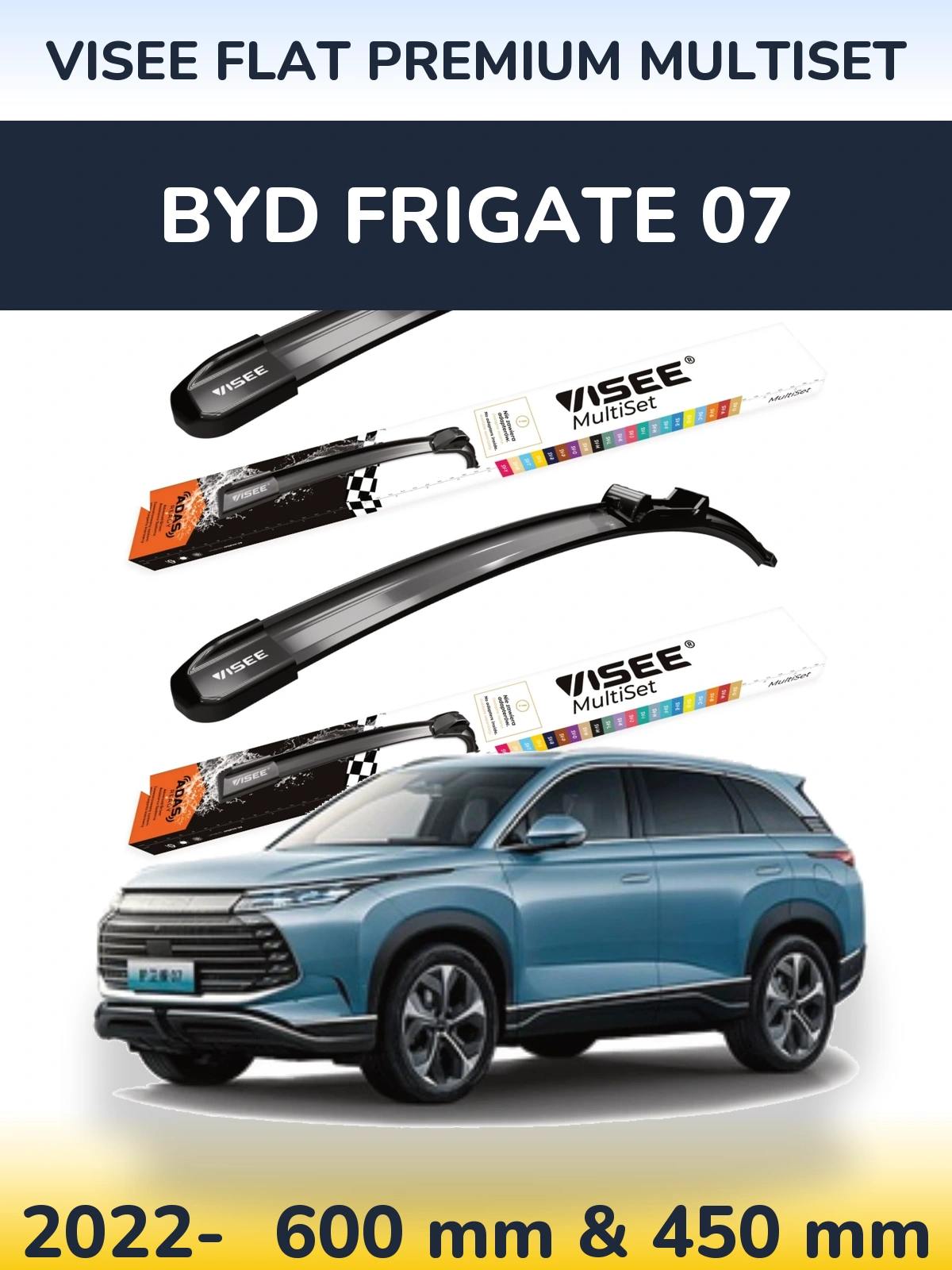 Komplet przednich wycieraczek VISEE FLAT PREMIUM MultiSet 600 & 450 mm do BYD Frigate 07 2022-2026