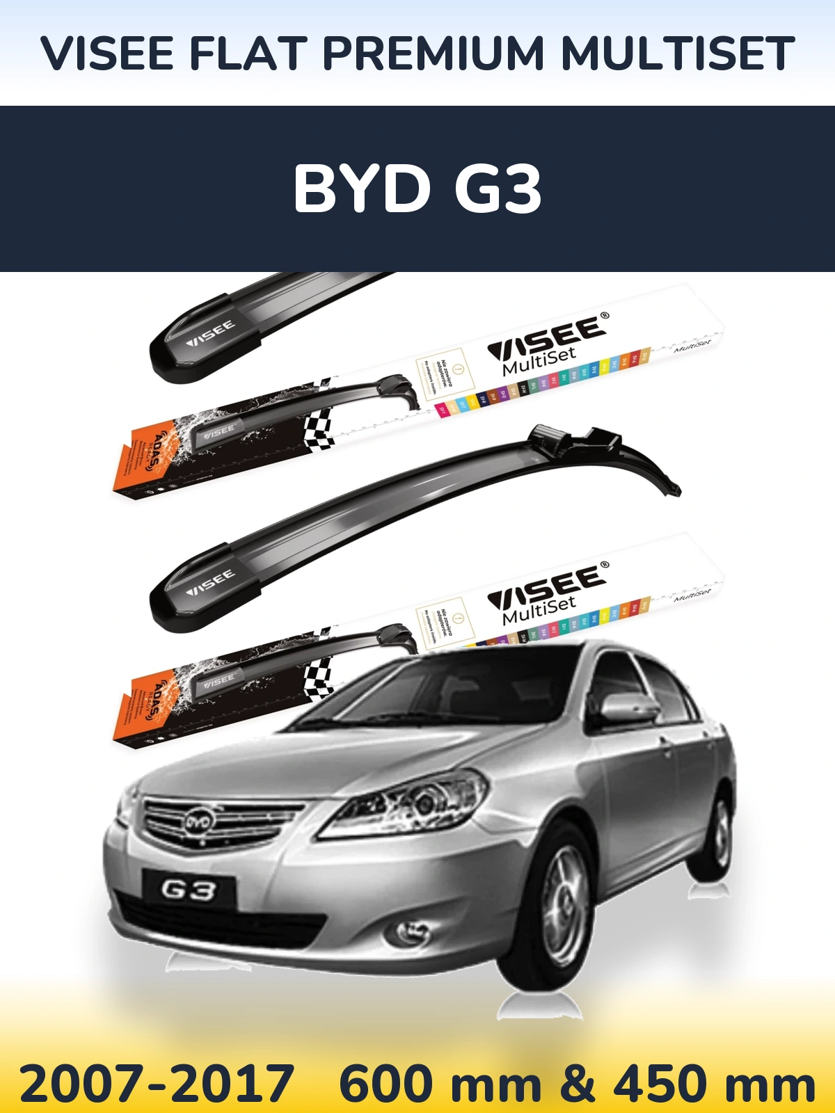 Комплект передних дворников VISEE FLAT PREMIUM MultiSet 600 & 450 мм для BYD G3 2007-2017