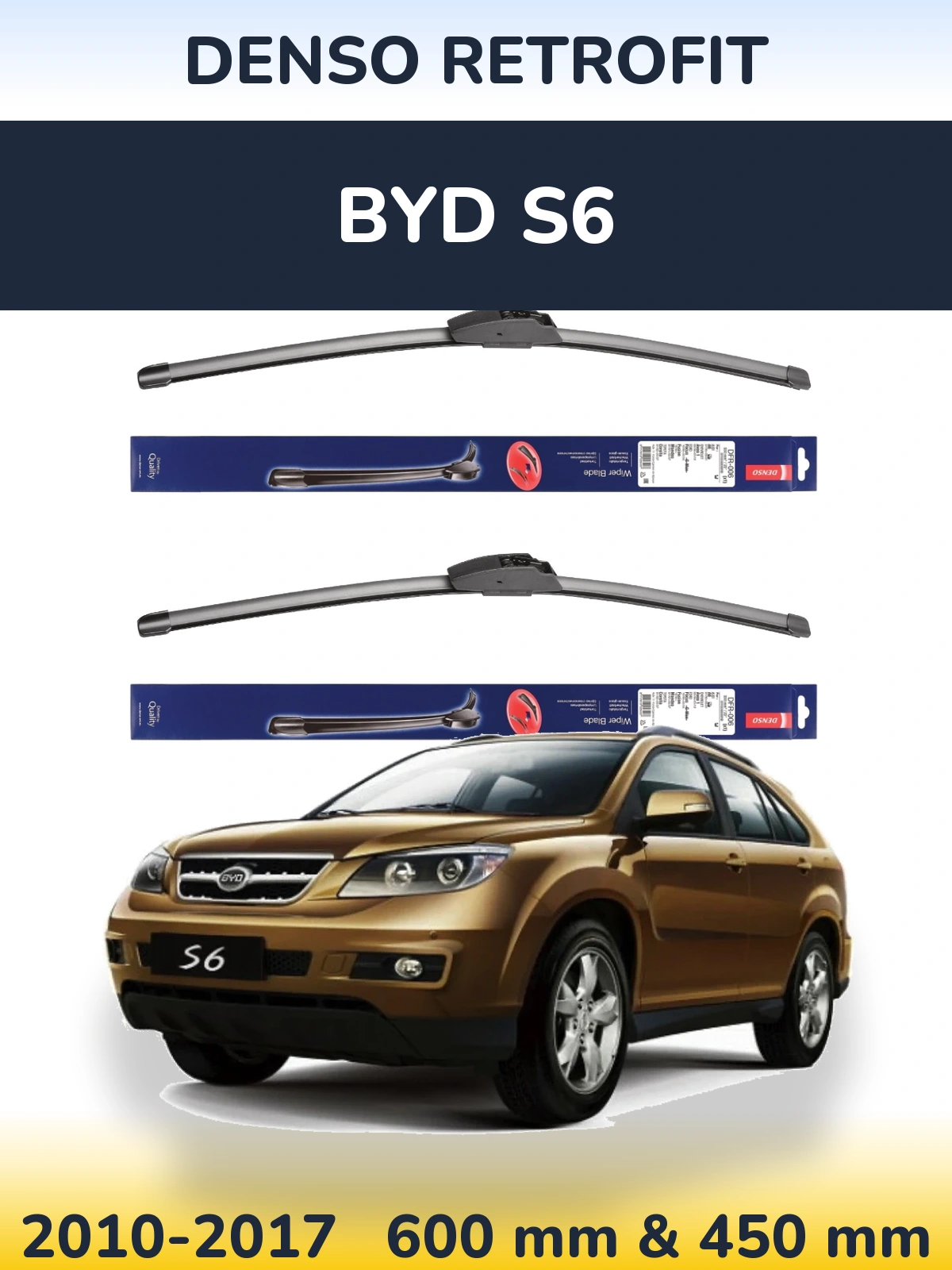 Komplet przednich wycieraczek Denso Retrofit 600 & 450 mm do BYD S6 2010-2017