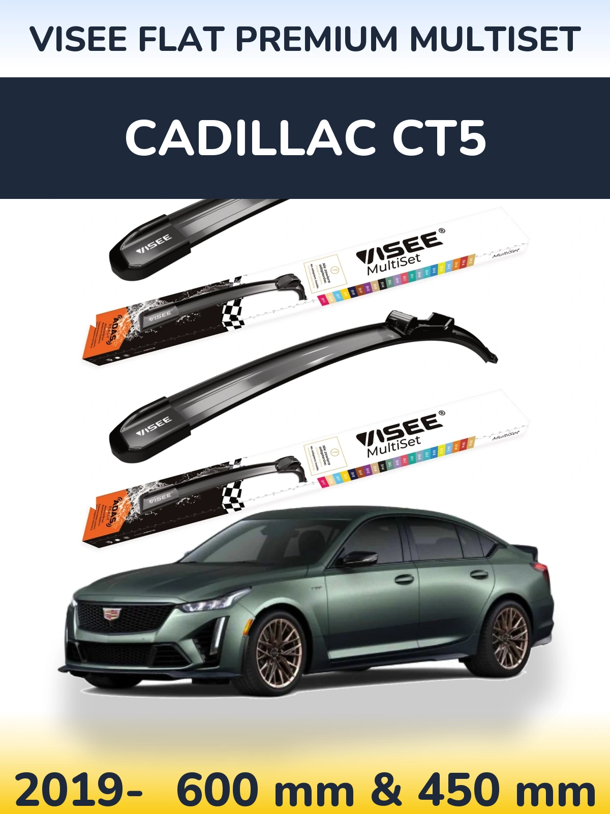 Komplet przednich wycieraczek VISEE FLAT PREMIUM MultiSet 600 & 450 mm do Cadillac CT5 2019-2026