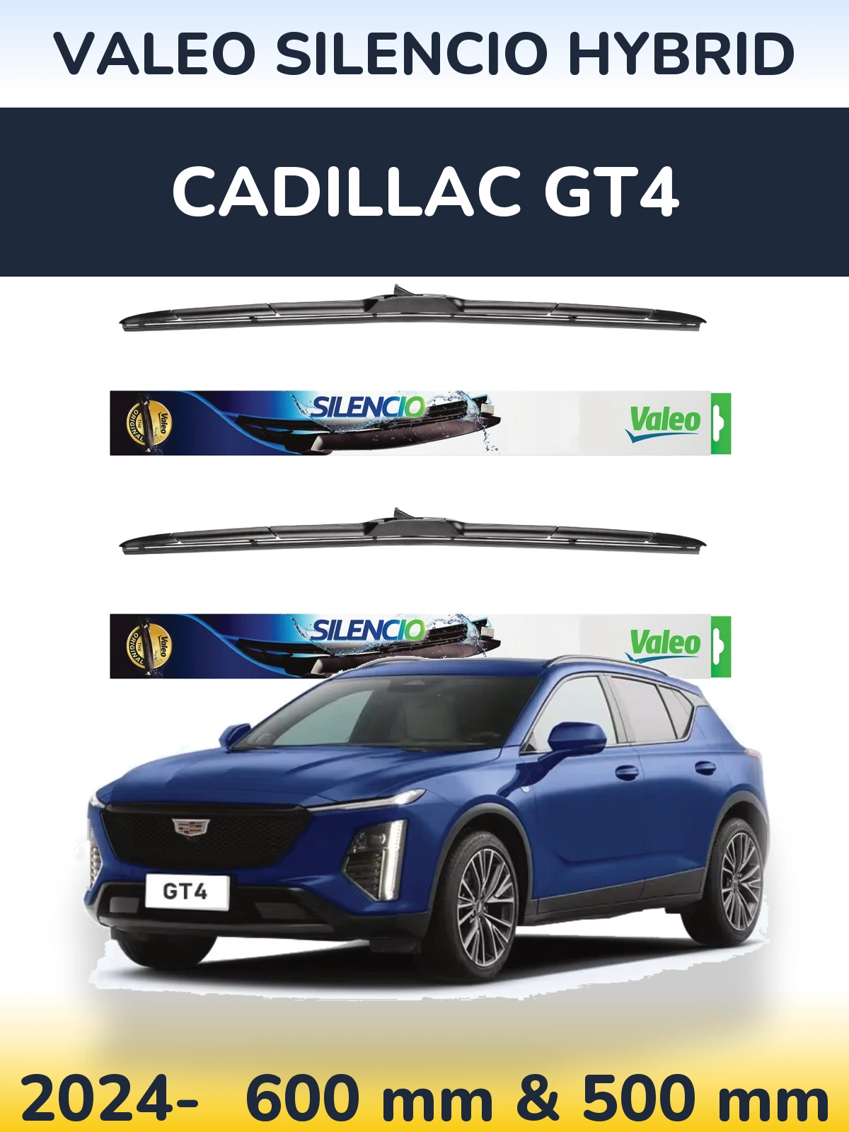 Front wiper blade set Valeo Silencio Hybrid 600 & 500 mm for Cadillac GT4 2024-2026