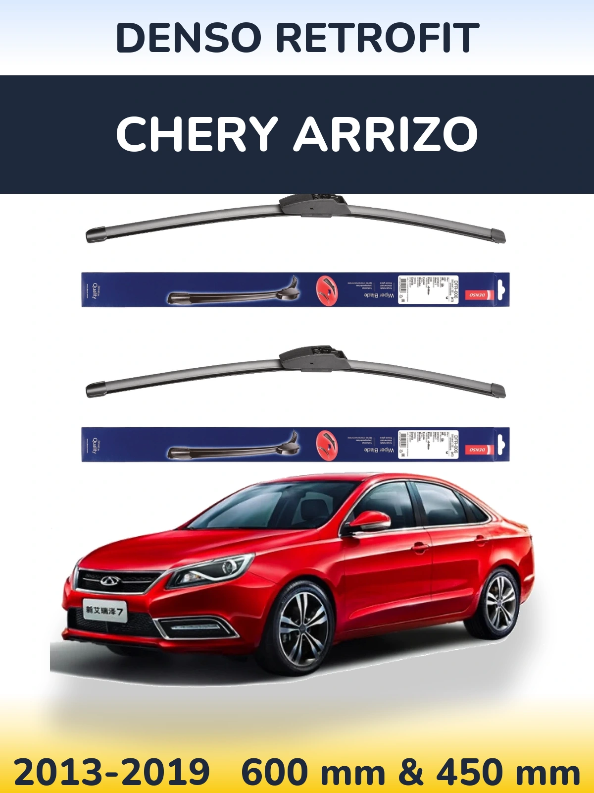 Front wiper blade set Denso Retrofit 600 & 450 mm for Chery Arrizo 2013-2019