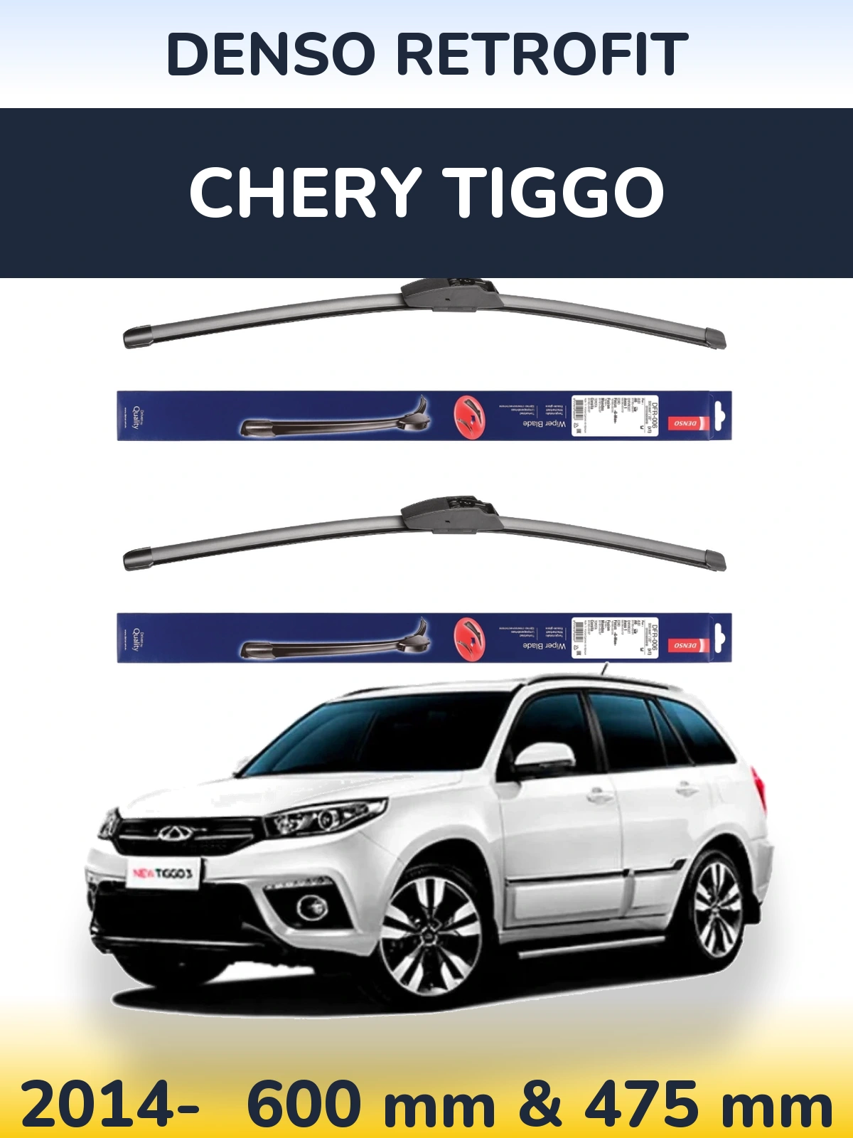 Front wiper blade set Denso Retrofit 600 & 475 mm for Chery Tiggo 2014-2026