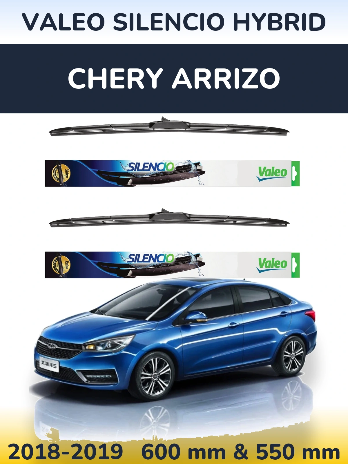 Front wiper blade set Valeo Silencio Hybrid 600 & 550 mm for Chery Arrizo 2018-2019