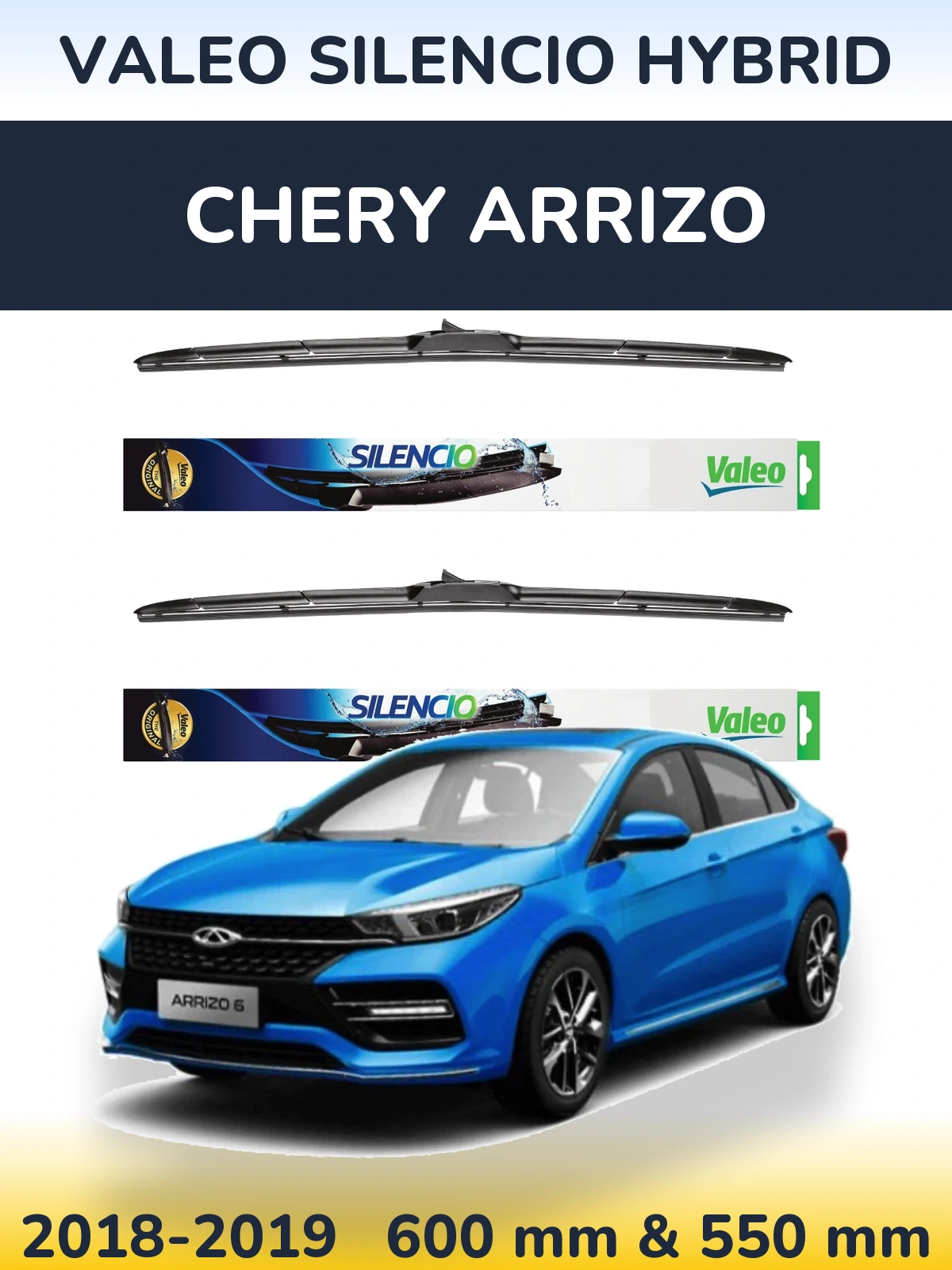 Front wiper blade set Valeo Silencio Hybrid 600 & 550 mm for Chery Arrizo 2018-2019