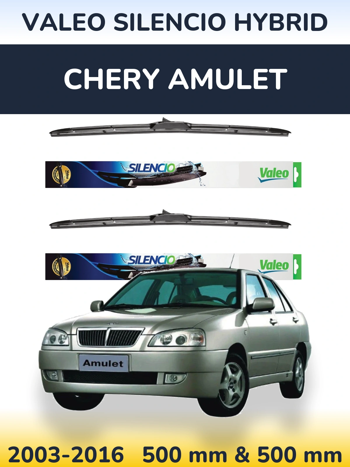 Komplet przednich wycieraczek Valeo Silencio Hybrid 500 & 500 mm do Chery Amulet 2003-2016