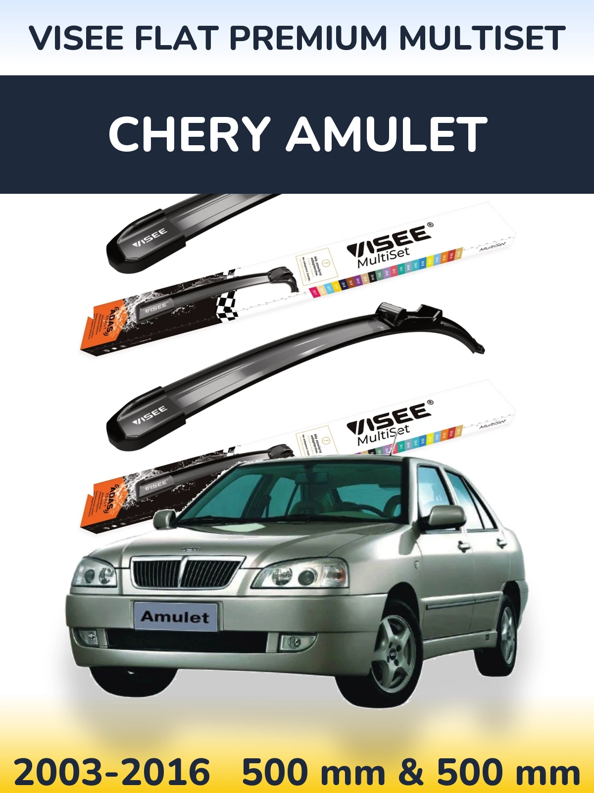 Front wiper blade set VISEE FLAT PREMIUM MultiSet 500 & 500 mm for Chery Amulet 2003-2016