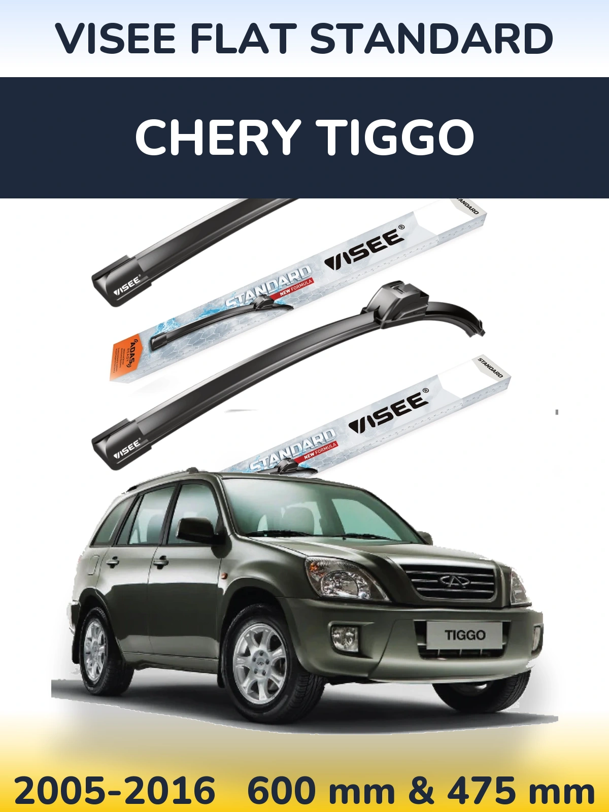Front wiper blade set VISEE FLAT STANDARD 600 & 475 mm for Chery Tiggo 2005-2016