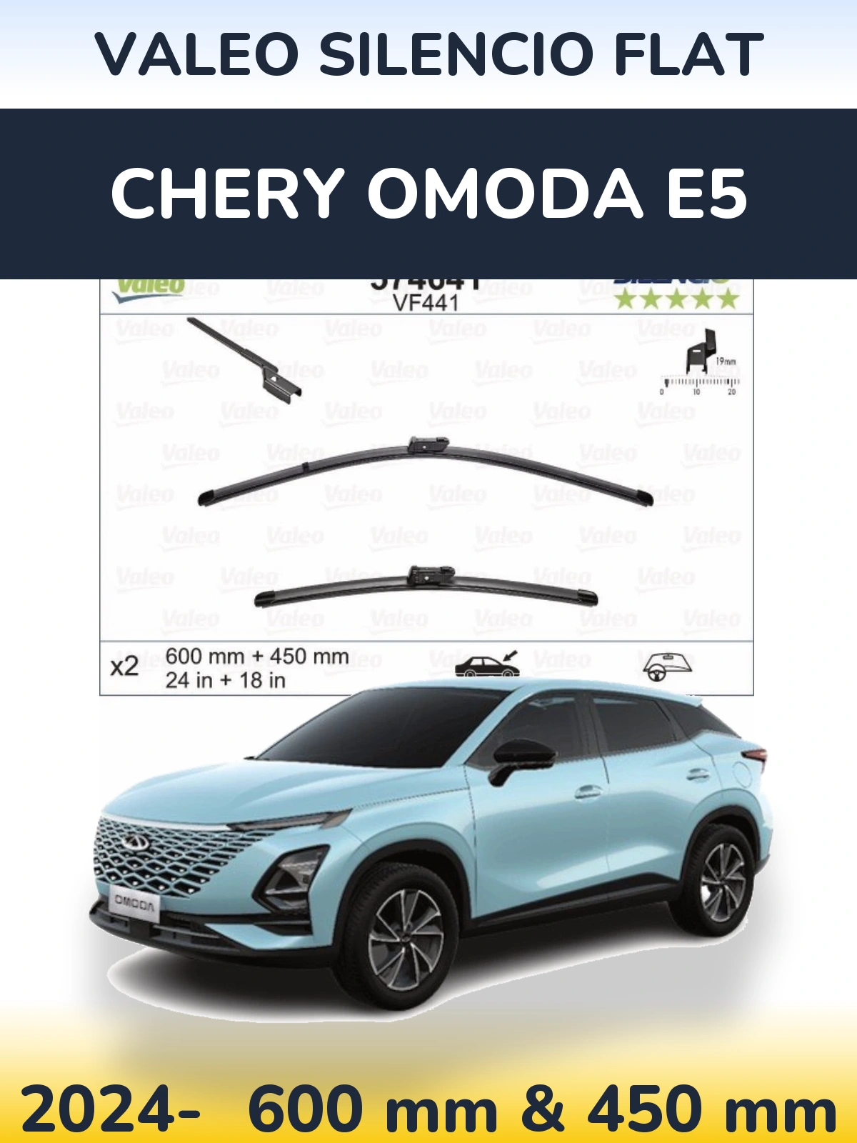 Front wiper blade set Valeo Silencio Flat 600 & 450 mm for Chery Omoda E5 2024-2026