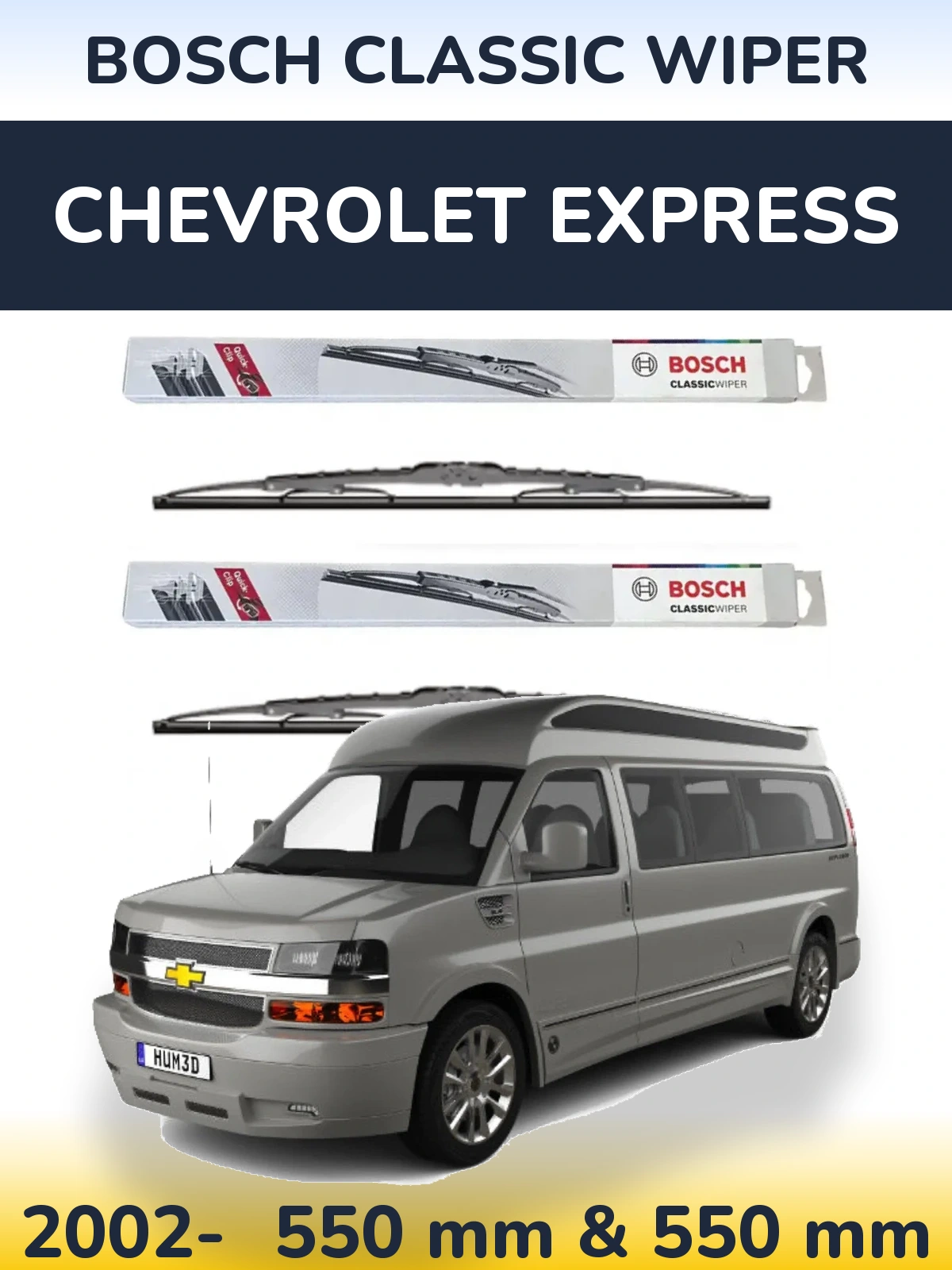 Front wiper blade set BOSCH Classic Wiper 550 & 550 mm for Chevrolet Express 2002-2026