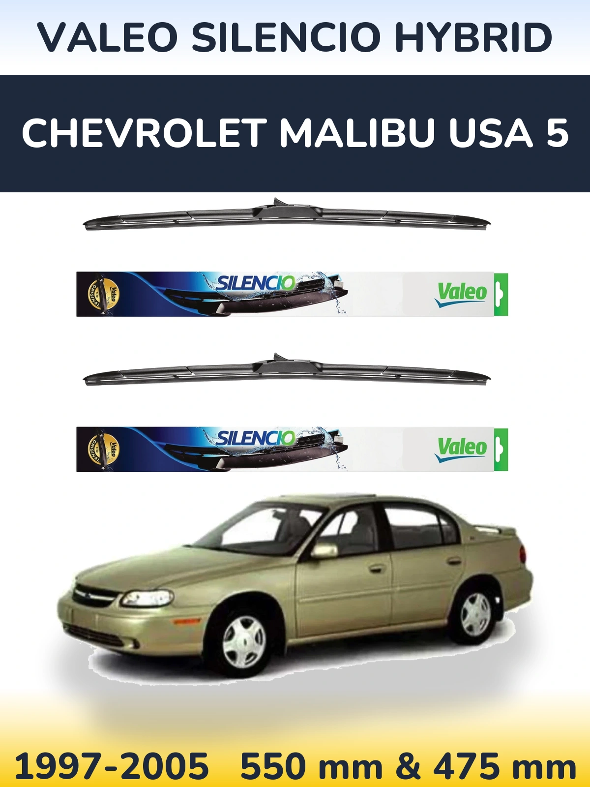 Komplet przednich wycieraczek Valeo Silencio Hybrid 550 & 475 mm do Chevrolet Malibu USA 5 1997-2005