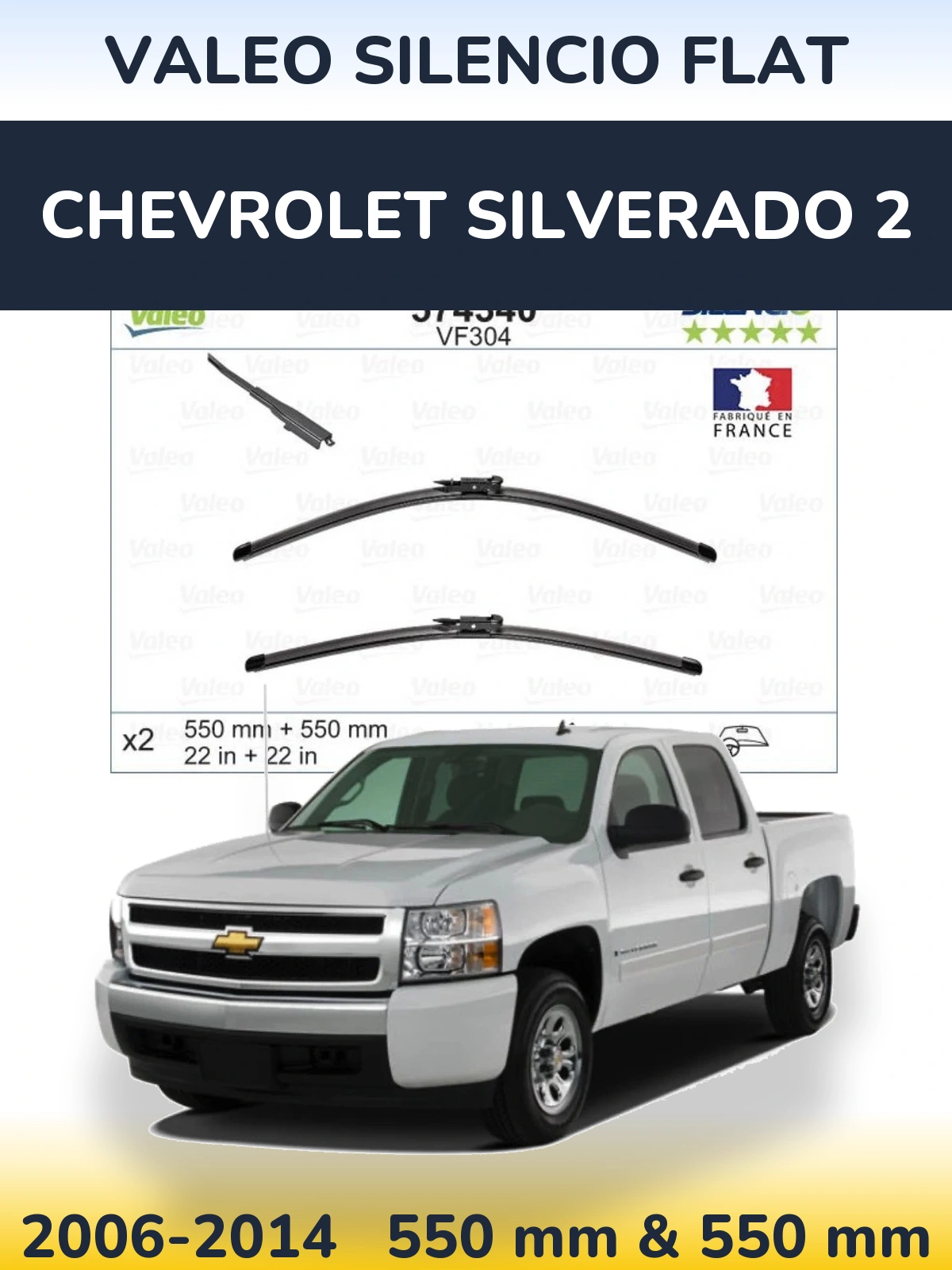 Komplet przednich wycieraczek Valeo Silencio Flat 550 & 550 mm do Chevrolet Silverado 2 2006-2014