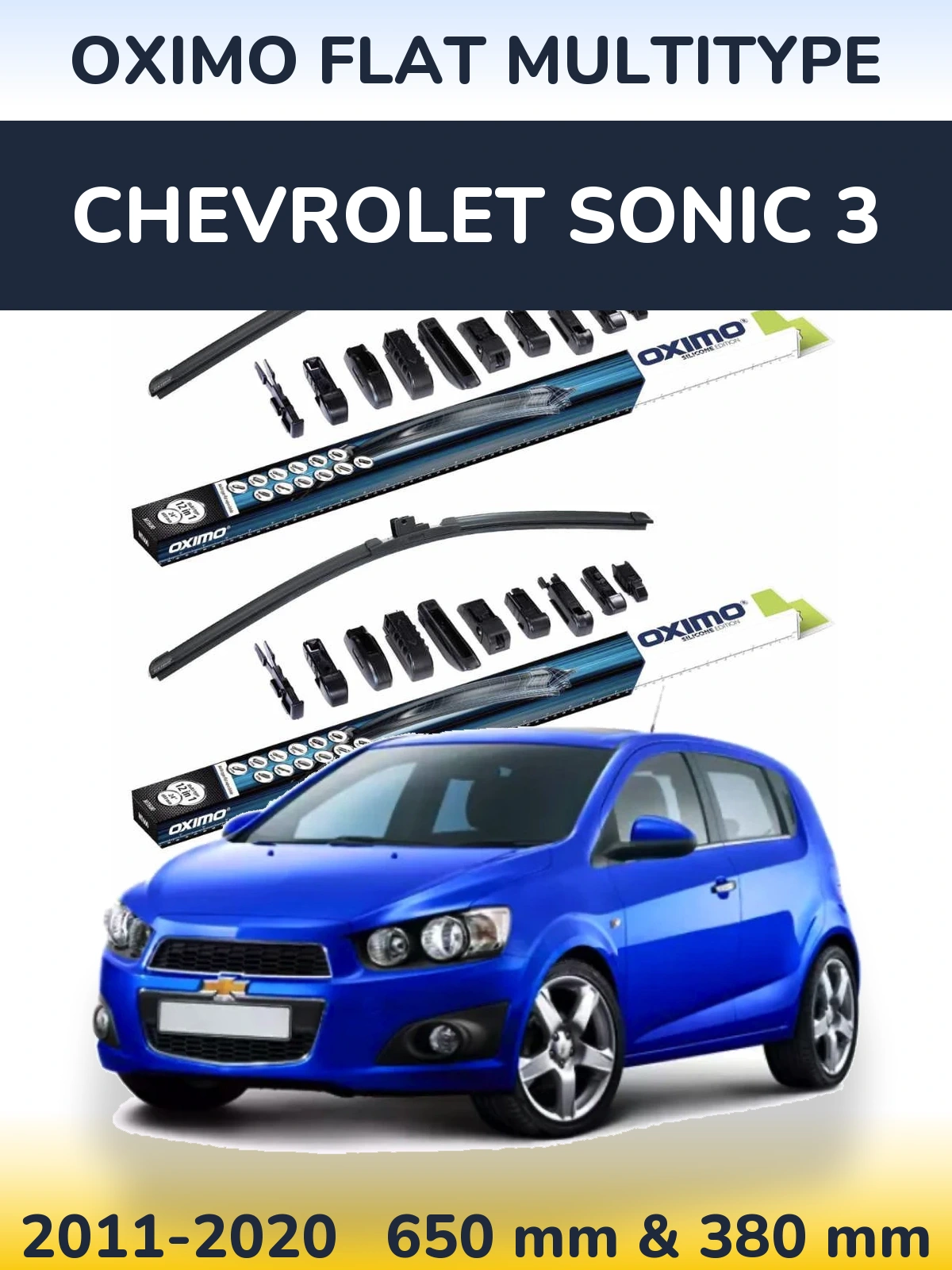 Front wiper blade set Oximo Flat MultiTypee 650 & 380 mm for Chevrolet Sonic 3 2011-2020