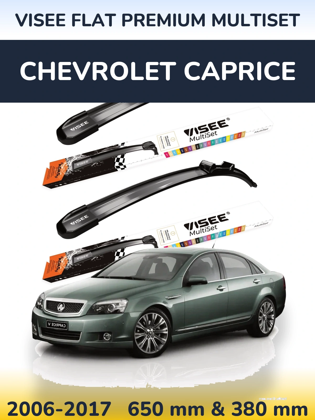 Front wiper blade set VISEE FLAT PREMIUM MultiSet 650 & 380 mm for Chevrolet Caprice 2006-2017