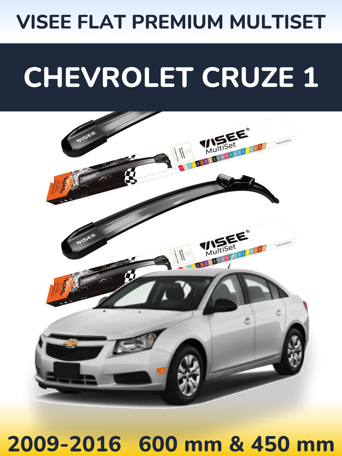 Front wiper blade set VISEE FLAT PREMIUM MultiSet 600 & 450 mm for Chevrolet Cruze 1 2009-2016