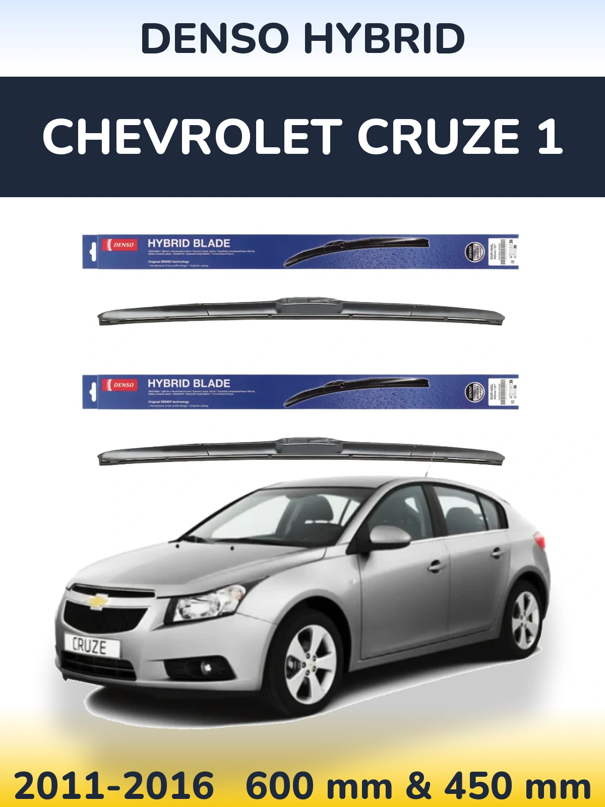Front wiper blade set Denso Hybrid 600 & 450 mm for Chevrolet Cruze 1 2011-2016