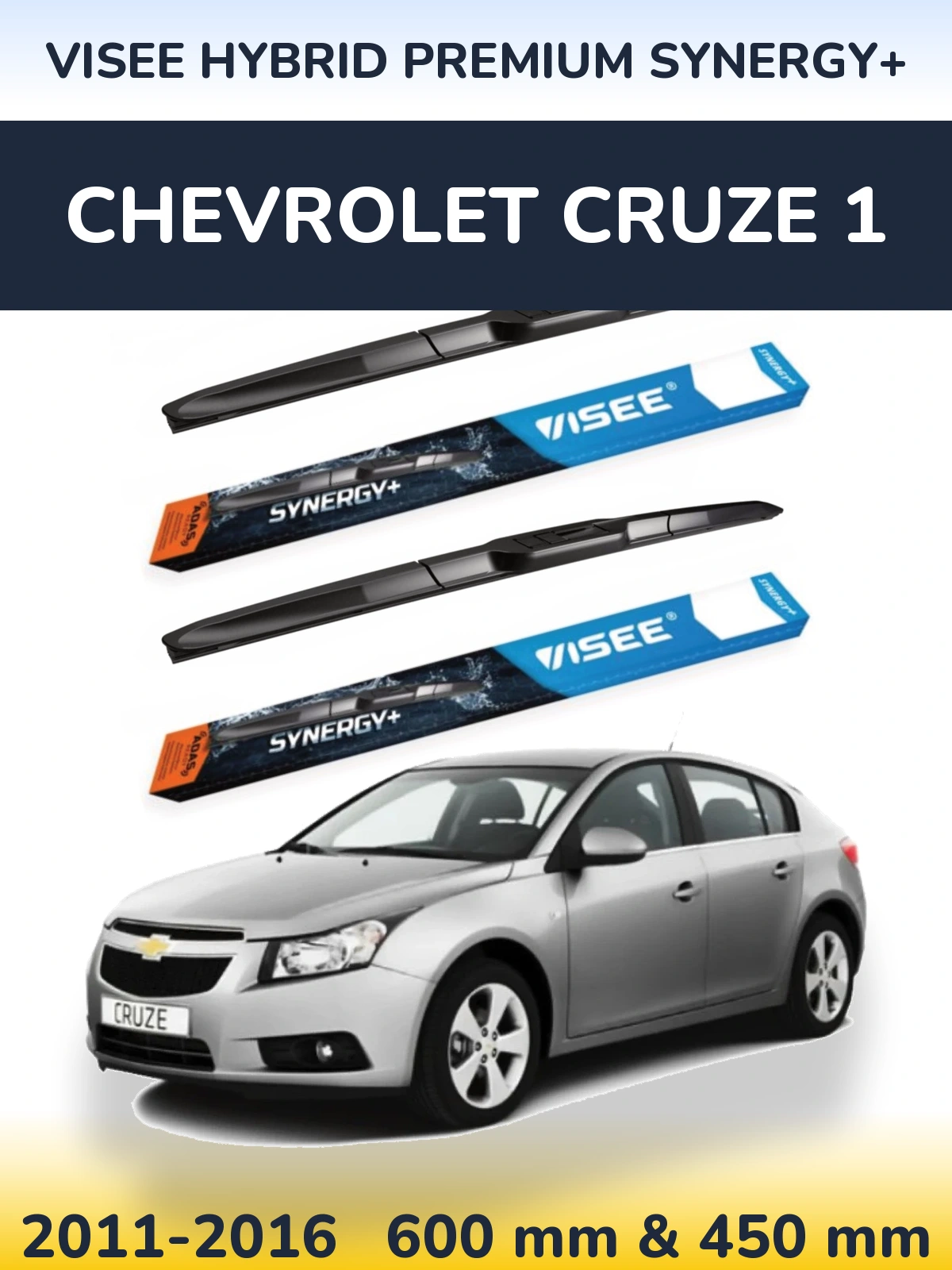 Front wiper blade set VISEE HYBRID PREMIUM SYNERGY+ 600 & 450 mm for Chevrolet Cruze 1 2011-2016
