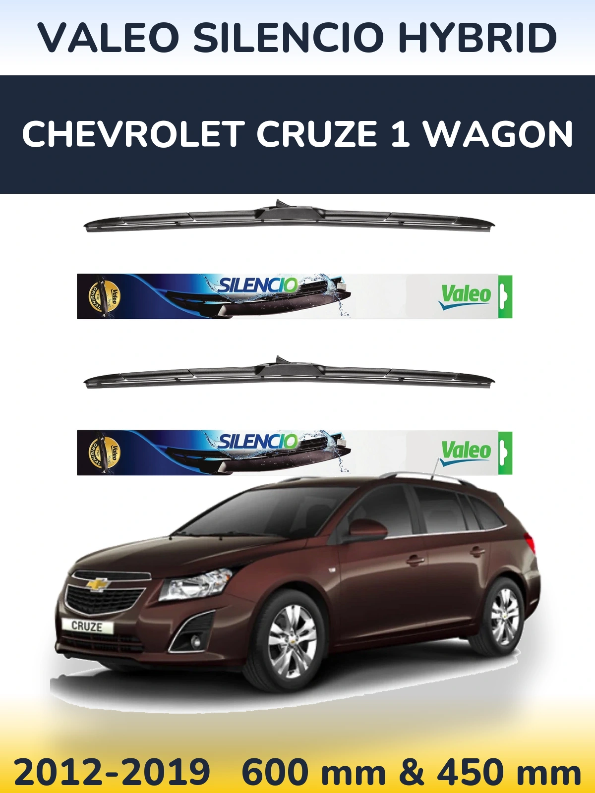 Front wiper blade set Valeo Silencio Hybrid 600 & 450 mm for Chevrolet Cruze 1 Wagon 2012-2019