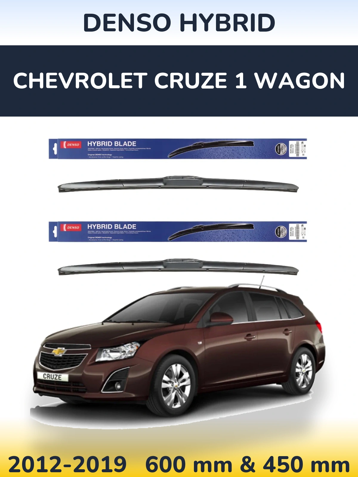 Front wiper blade set Denso Hybrid 600 & 450 mm for Chevrolet Cruze 1 Wagon 2012-2019