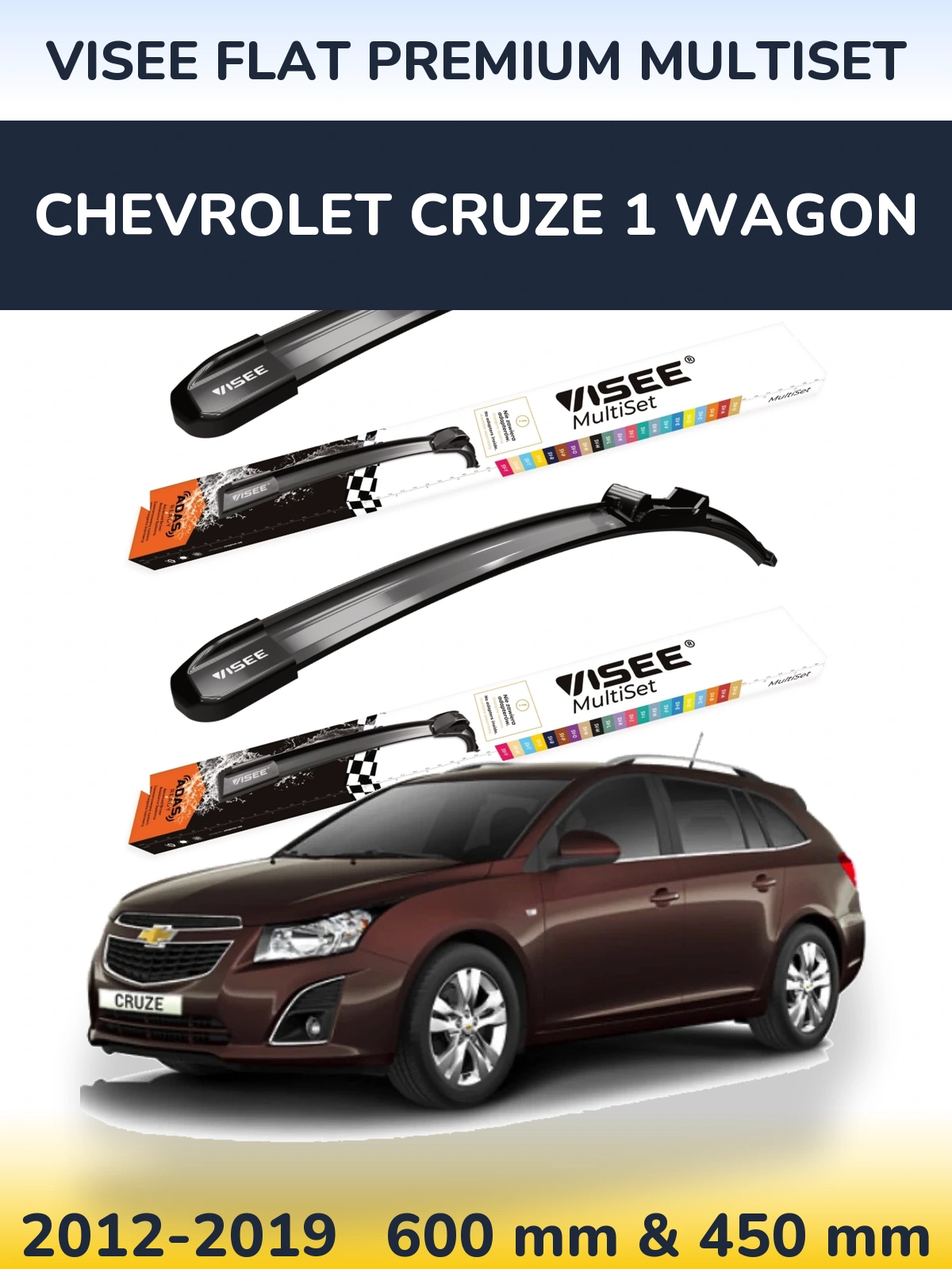 Front wiper blade set VISEE FLAT PREMIUM MultiSet 600 & 450 mm for Chevrolet Cruze 1 Wagon 2012-2019