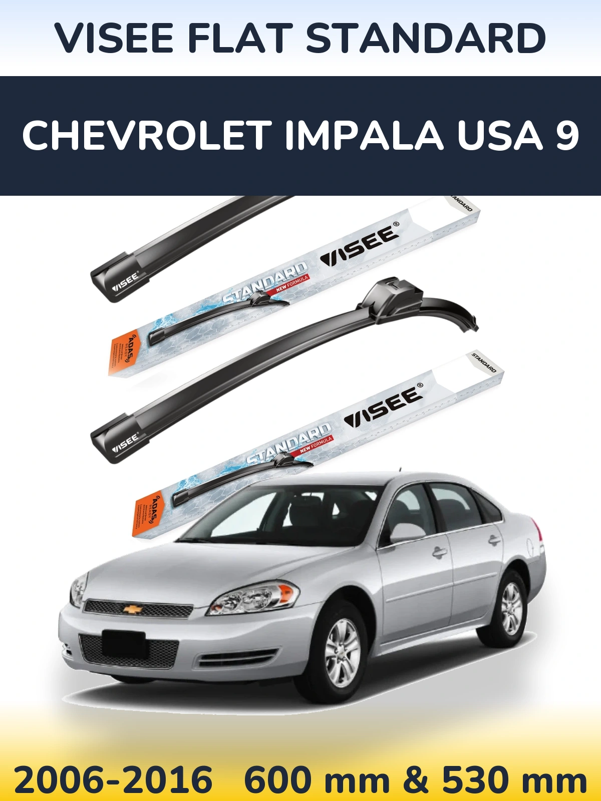 Комплект передних дворников VISEE FLAT STANDARD 600 & 530 мм для Chevrolet Impala USA 9 2006-2016