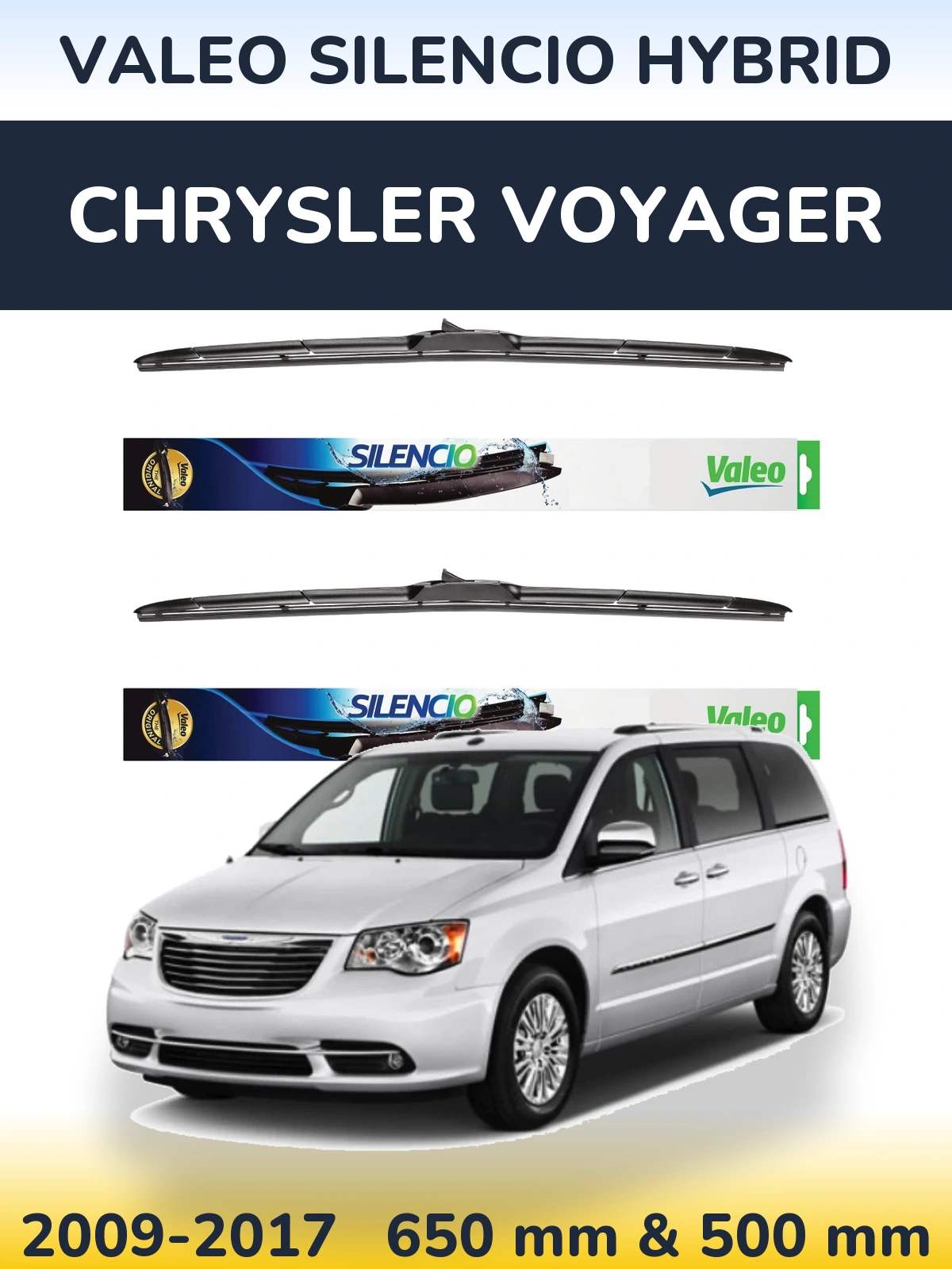 Komplet przednich wycieraczek Valeo Silencio Hybrid 650 & 500 mm do Chrysler Voyager 2009-2017
