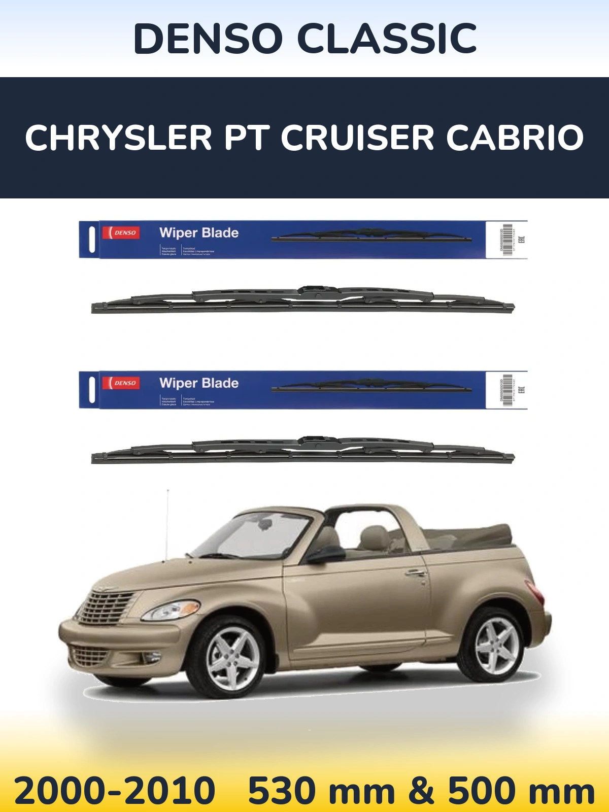 Front wiper blade set Denso Classic 530 & 500 mm for Chrysler PT Cruiser Cabrio 2000-2010
