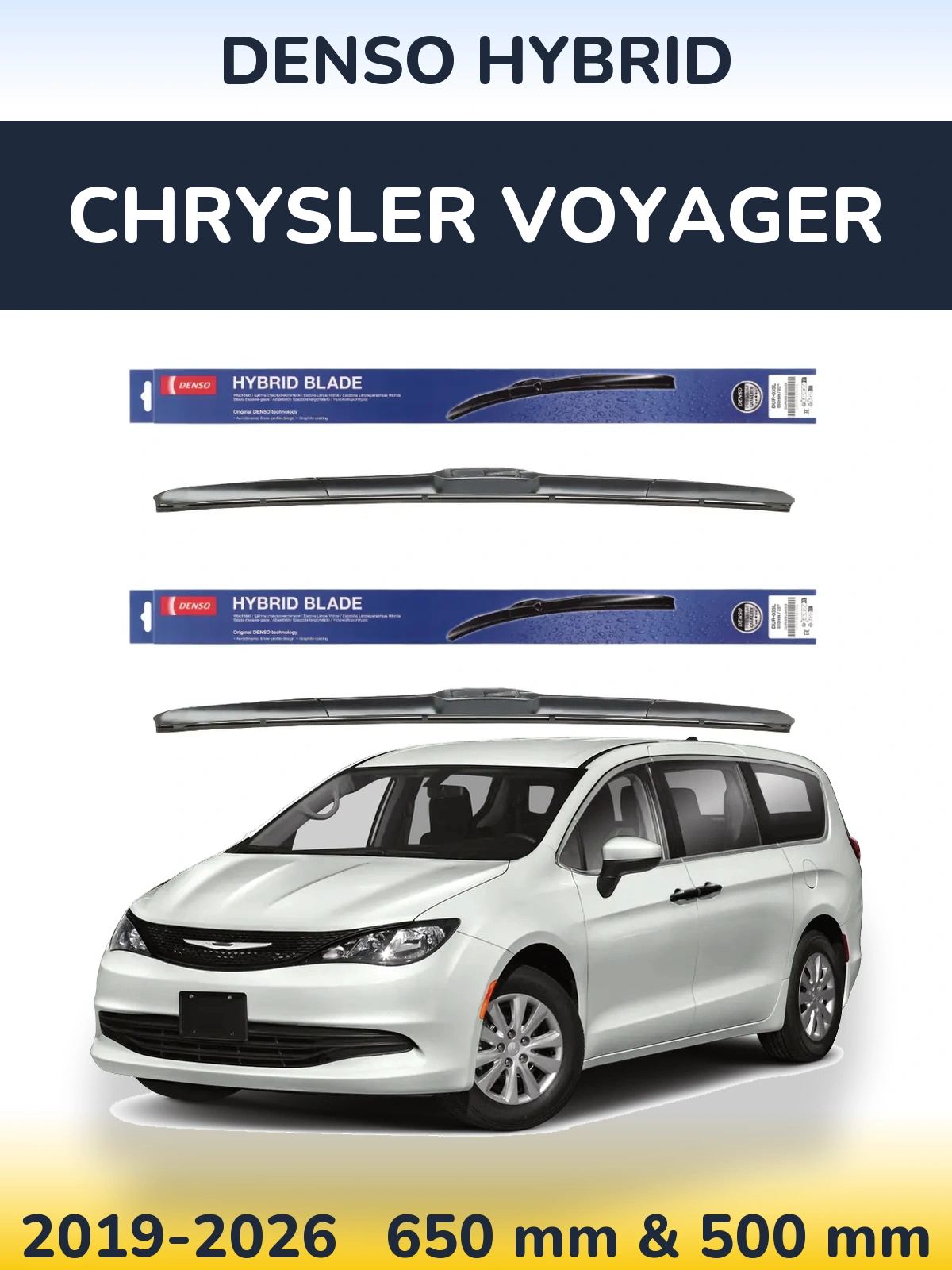 Front wiper blade set Denso Hybrid 650 & 500 mm for Chrysler Voyager 2019-2026