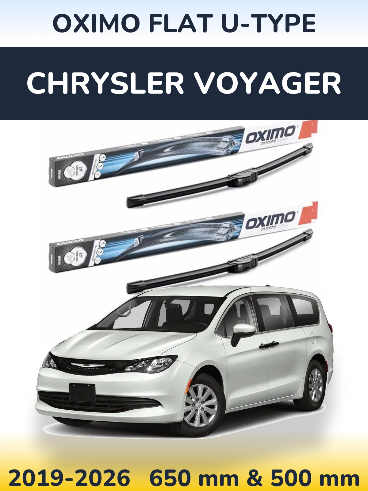 Комплект передних дворников Oximo Flat U-type 650 & 500 мм для Chrysler Voyager 2019-2026