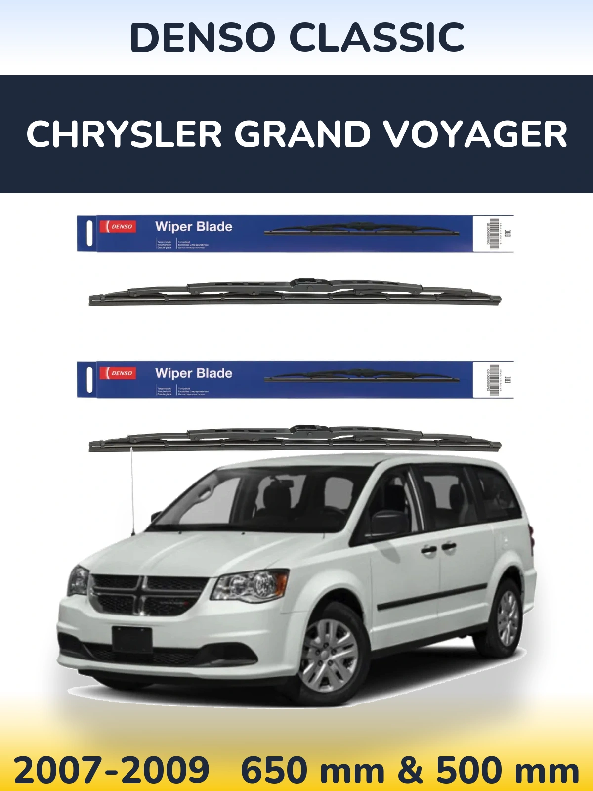 Front wiper blade set Denso Classic 650 & 500 mm for Chrysler Grand Voyager 2007-2009